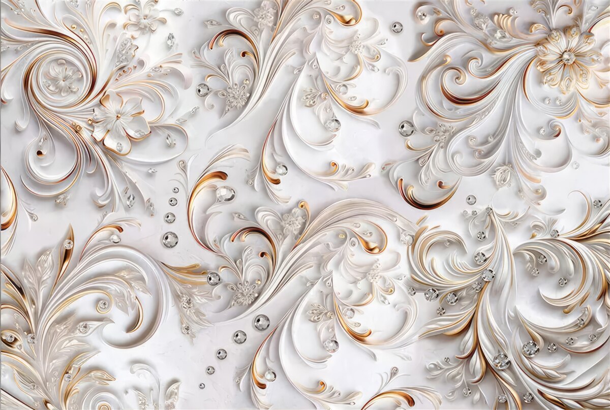 Fotobehang sneeuwwitte bloemen met gouden krullen en volumetrische elementen