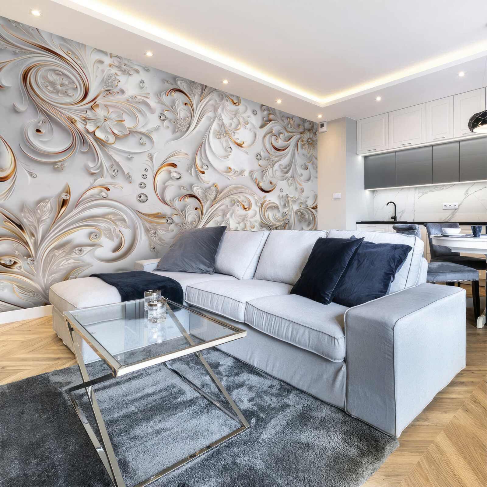 Fotobehang sneeuwwitte bloemen met gouden krullen en volumetrische elementen