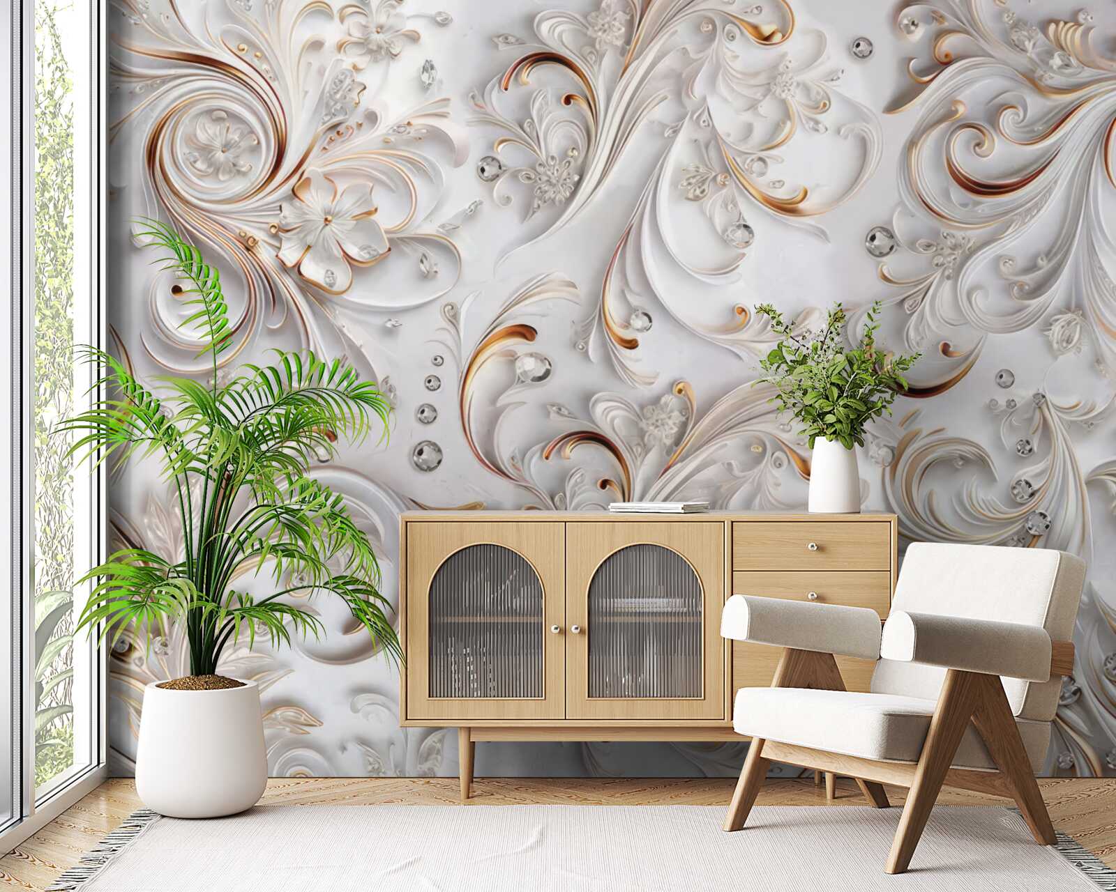 Fotobehang sneeuwwitte bloemen met gouden krullen en volumetrische elementen