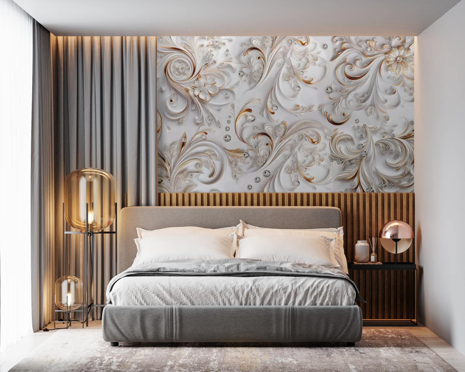 Fotobehang sneeuwwitte bloemen met gouden krullen en volumetrische elementen