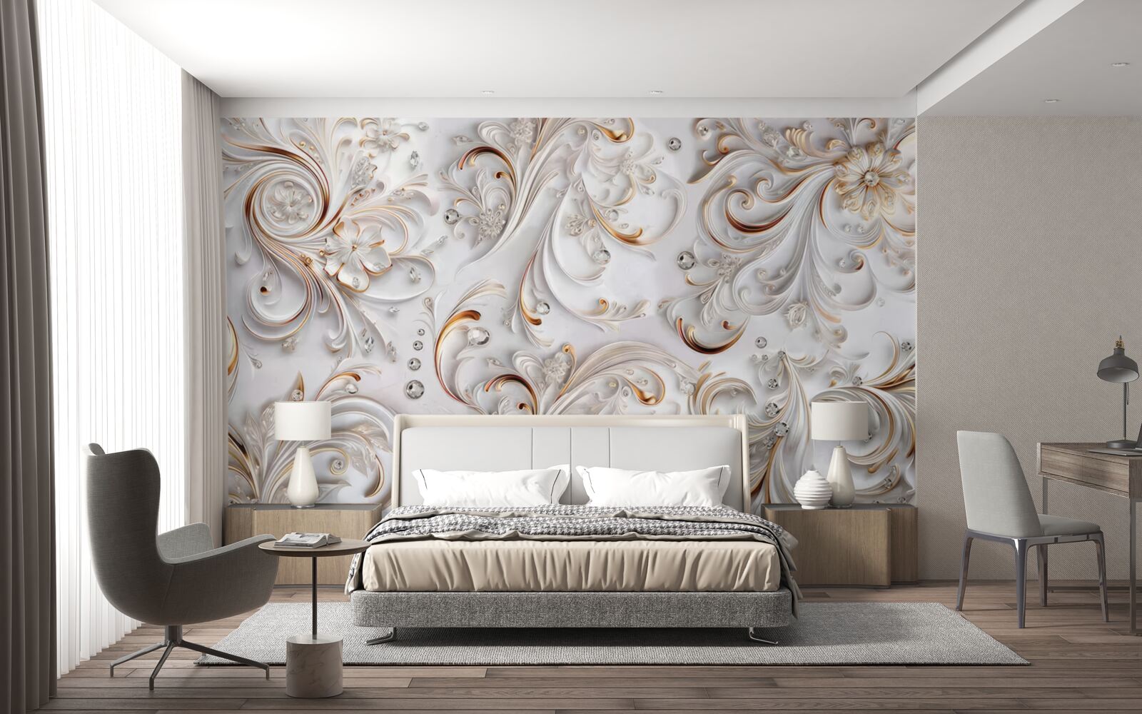 Fotobehang sneeuwwitte bloemen met gouden krullen en volumetrische elementen