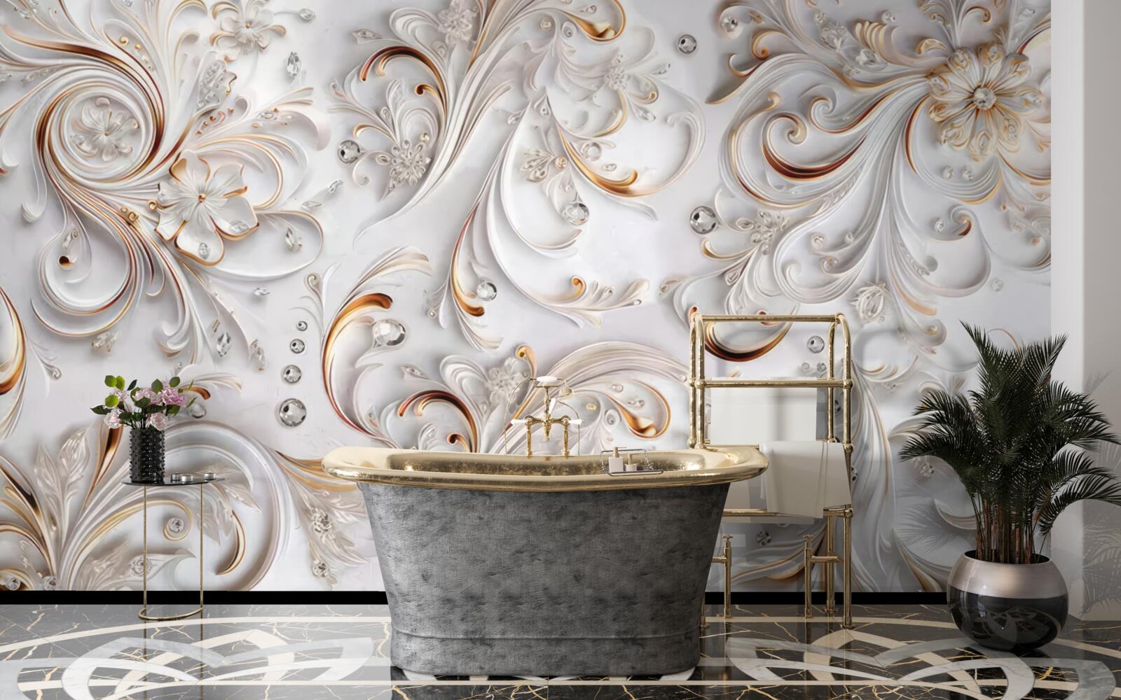 Fotobehang sneeuwwitte bloemen met gouden krullen en volumetrische elementen