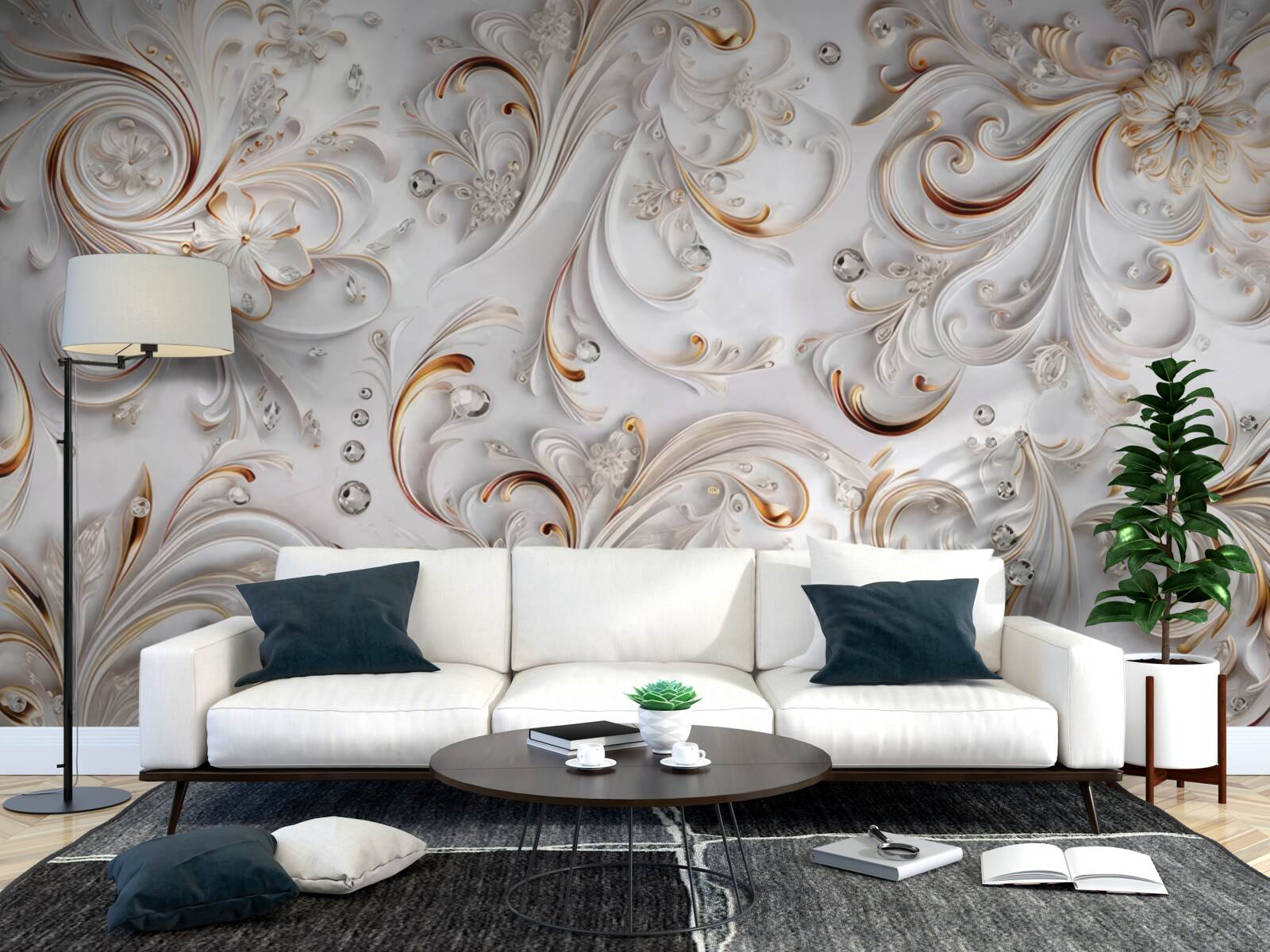 Fotobehang sneeuwwitte bloemen met gouden krullen en volumetrische elementen