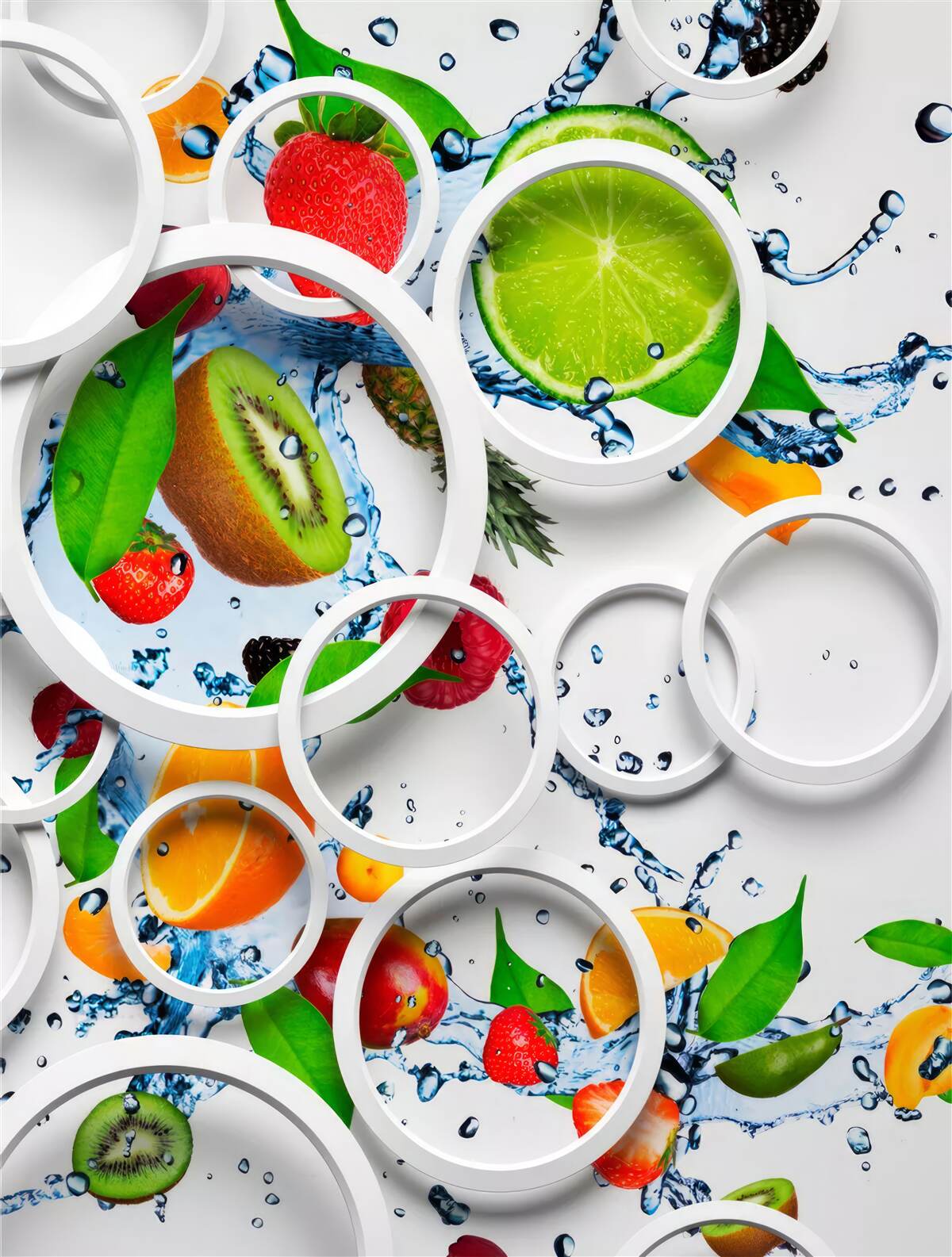 Fotobehang witte volumetrische cirkels en fruit