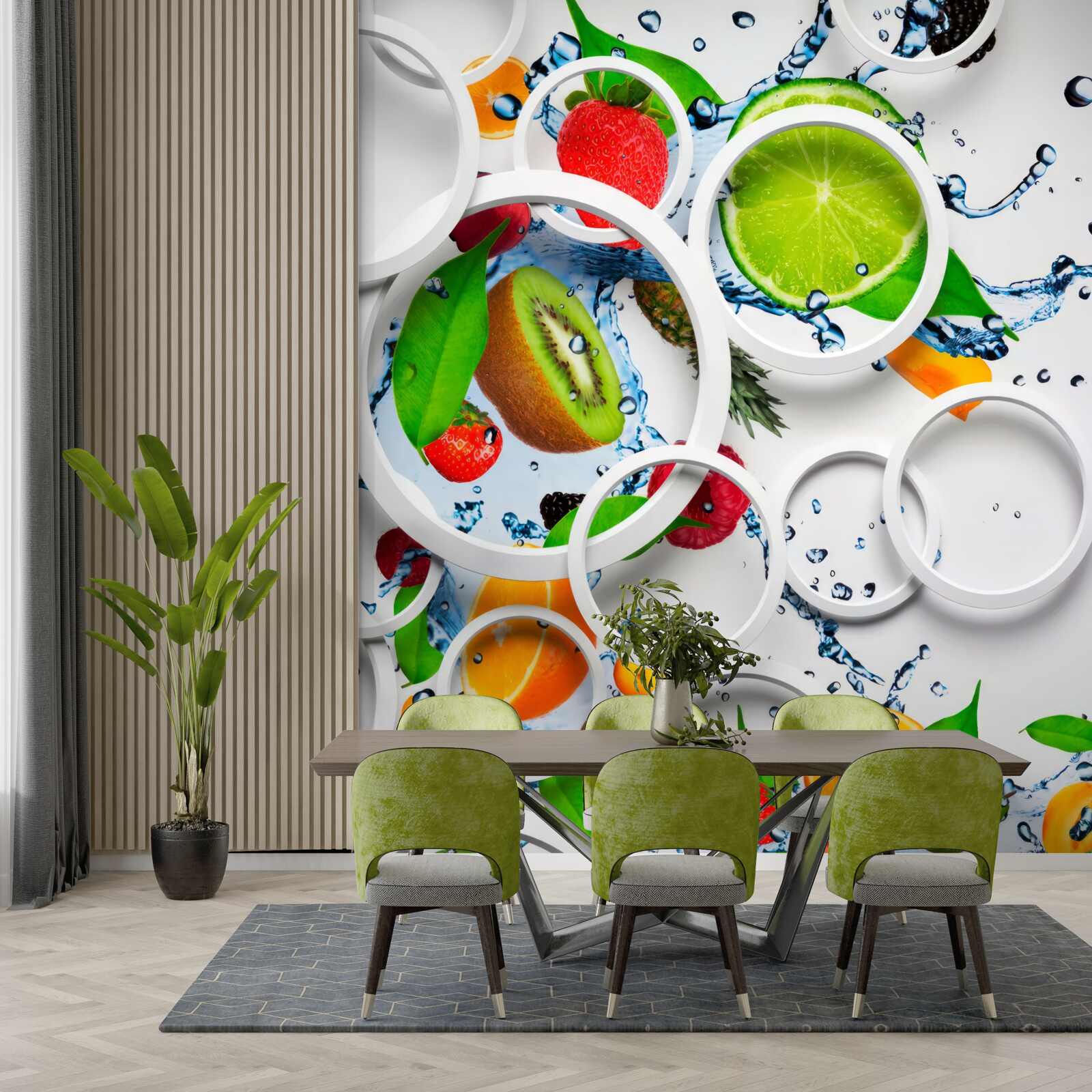 Fotobehang witte volumetrische cirkels en fruit