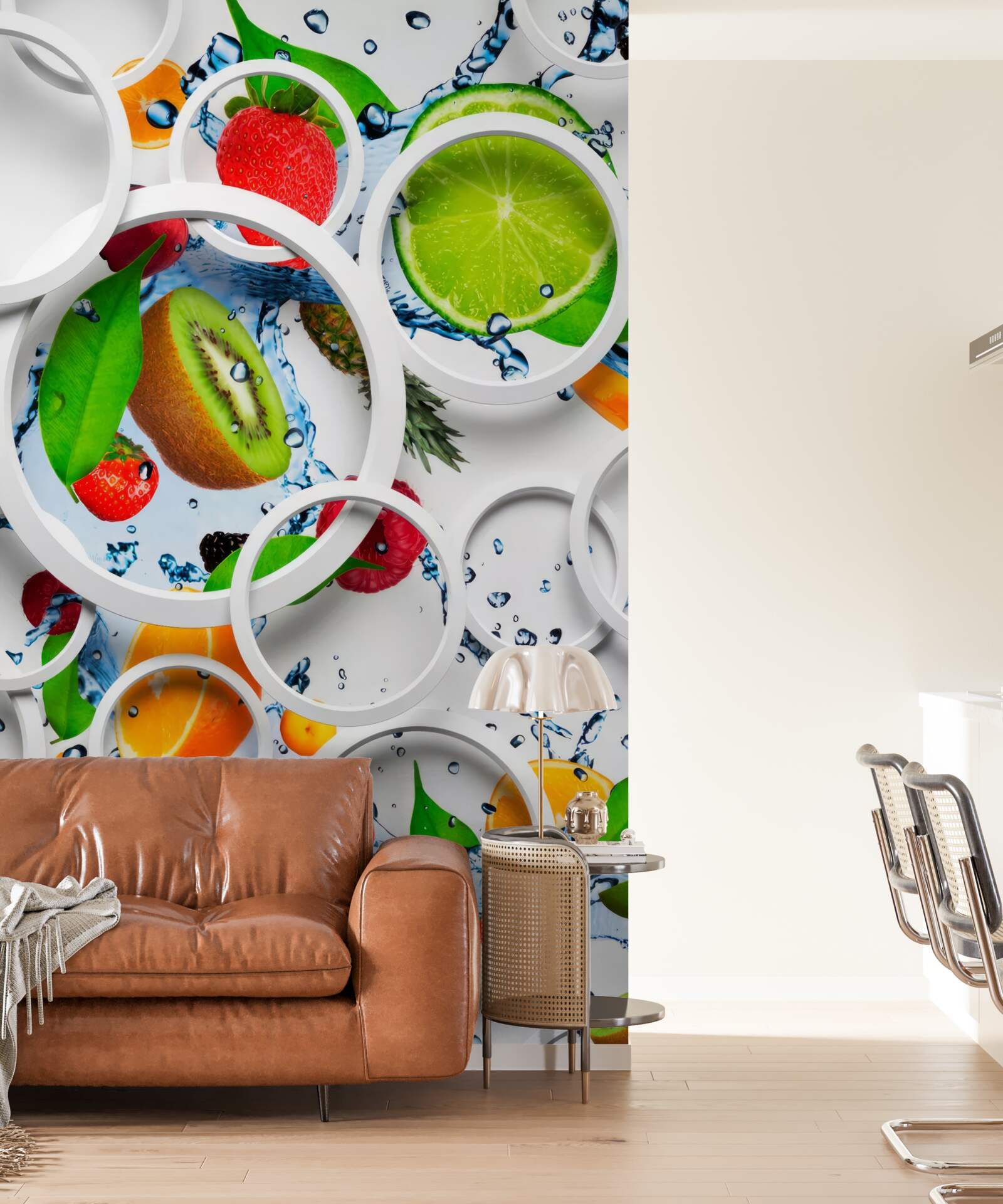 Fotobehang witte volumetrische cirkels en fruit