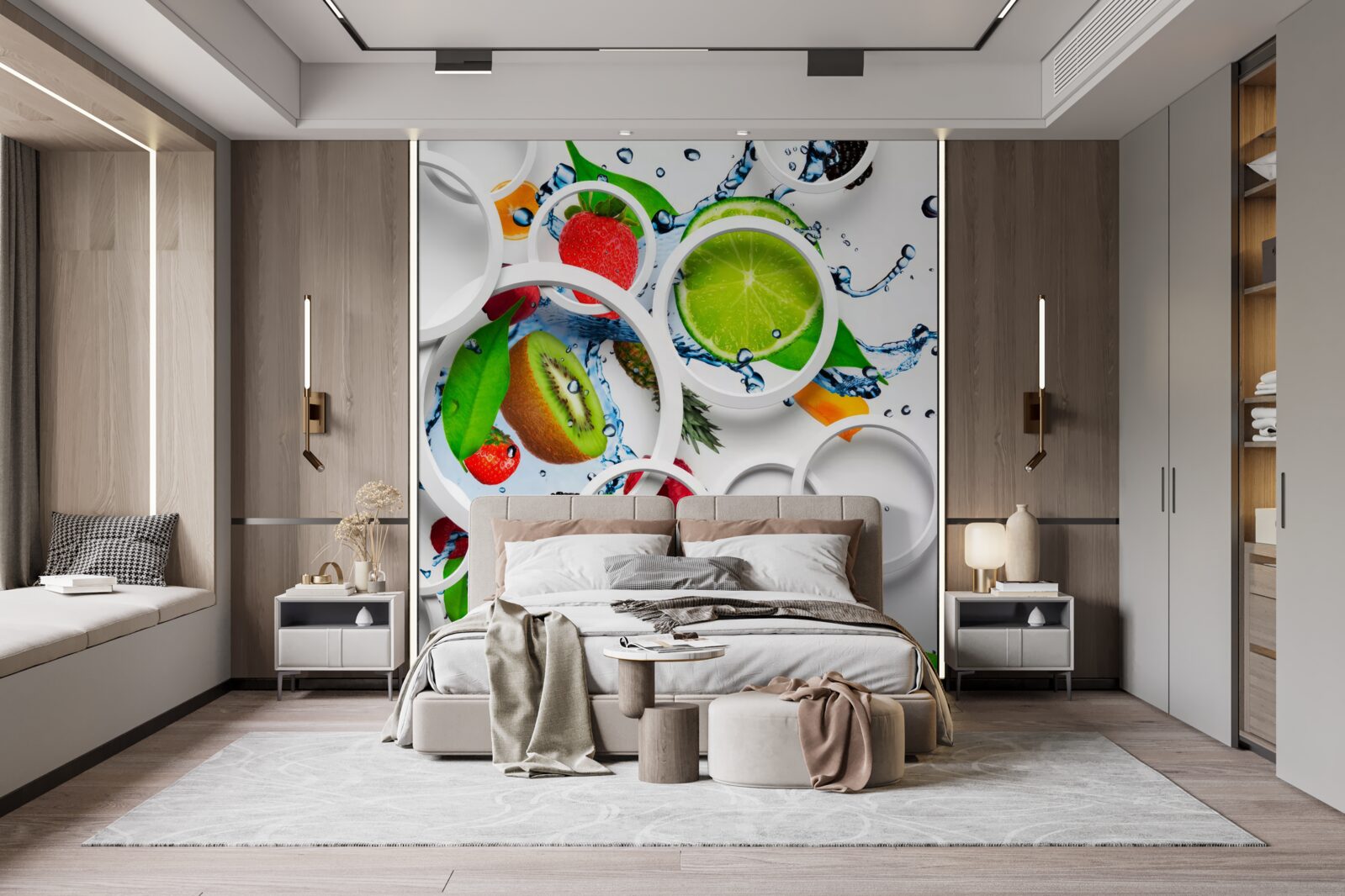 Fotobehang witte volumetrische cirkels en fruit