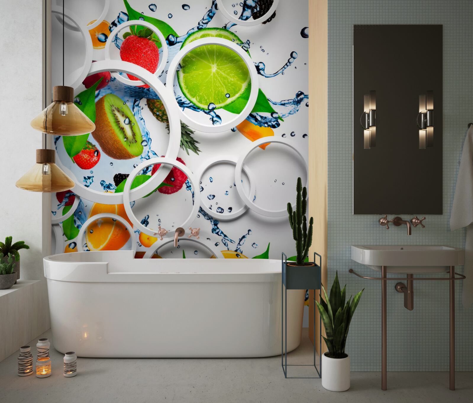 Fotobehang witte volumetrische cirkels en fruit