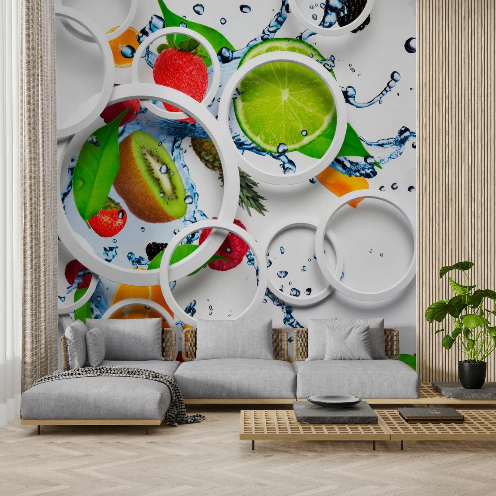 Fotobehang witte volumetrische cirkels en fruit