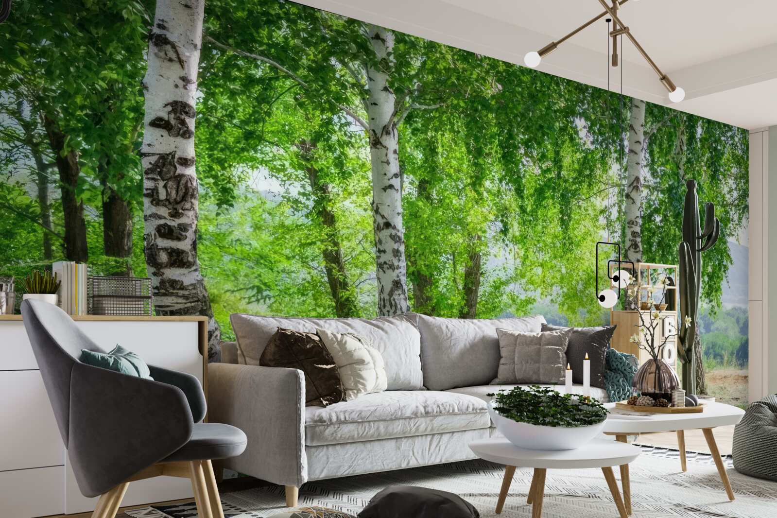 Fotobehang een bos vol groene berken