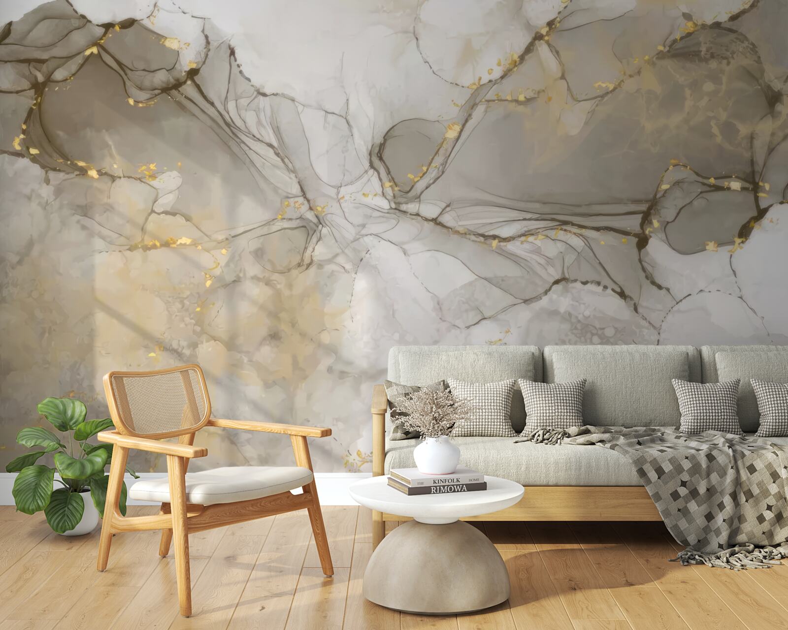 Fotobehang wit en grijs met verguld marmer