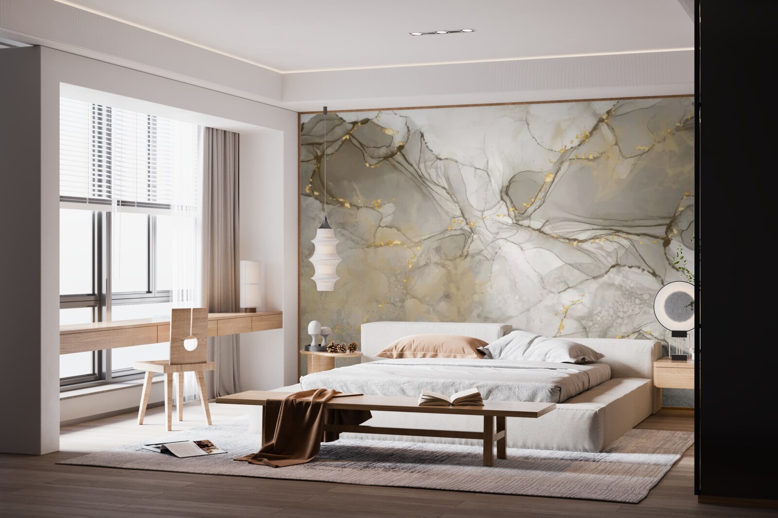 Fotobehang wit en grijs met verguld marmer