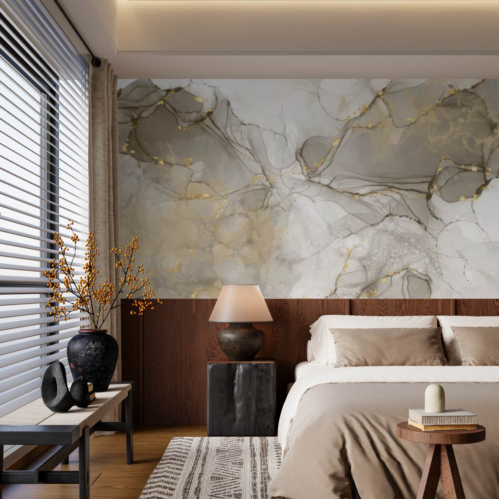 Fotobehang wit en grijs met verguld marmer