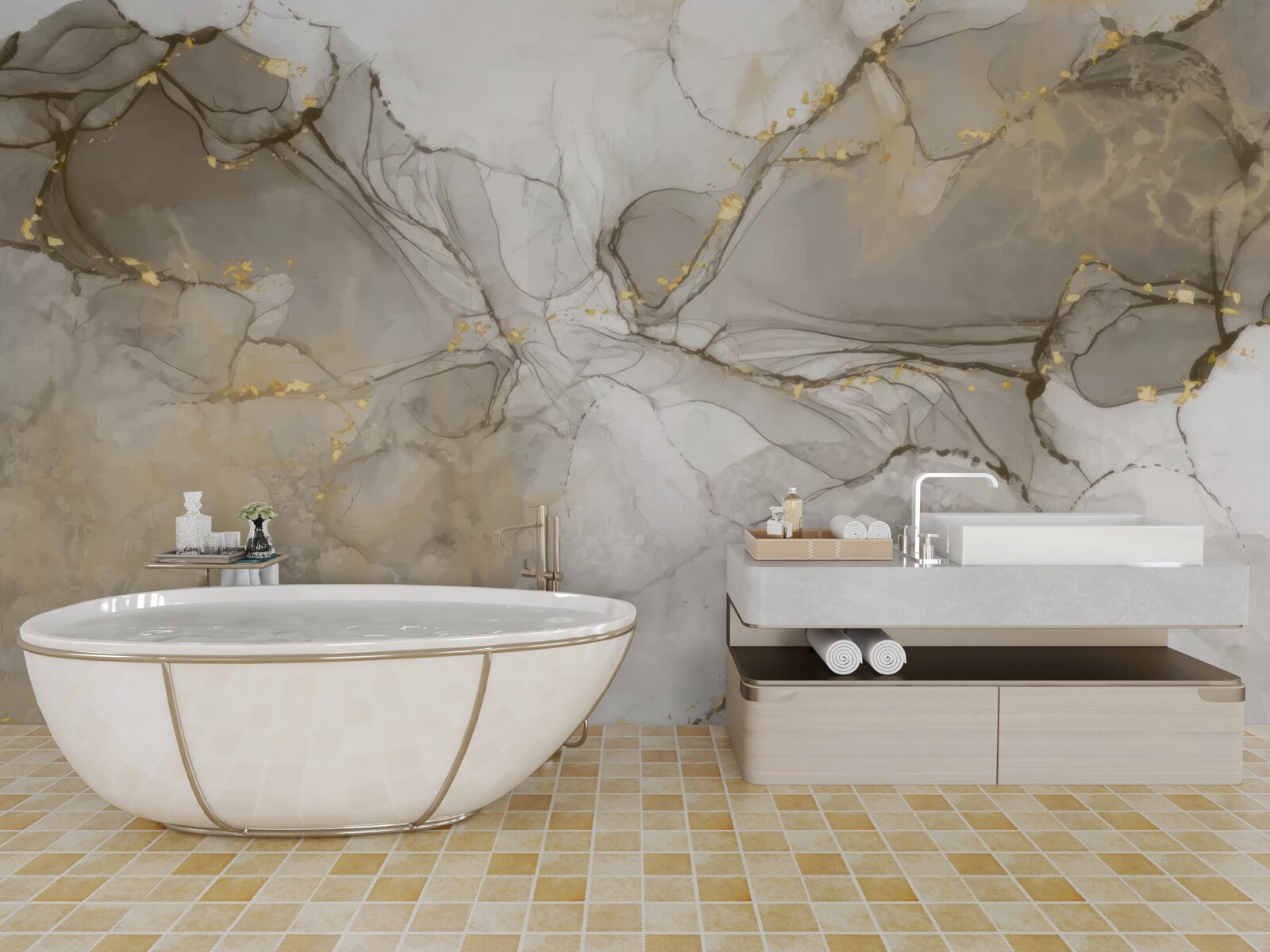 Fotobehang wit en grijs met verguld marmer