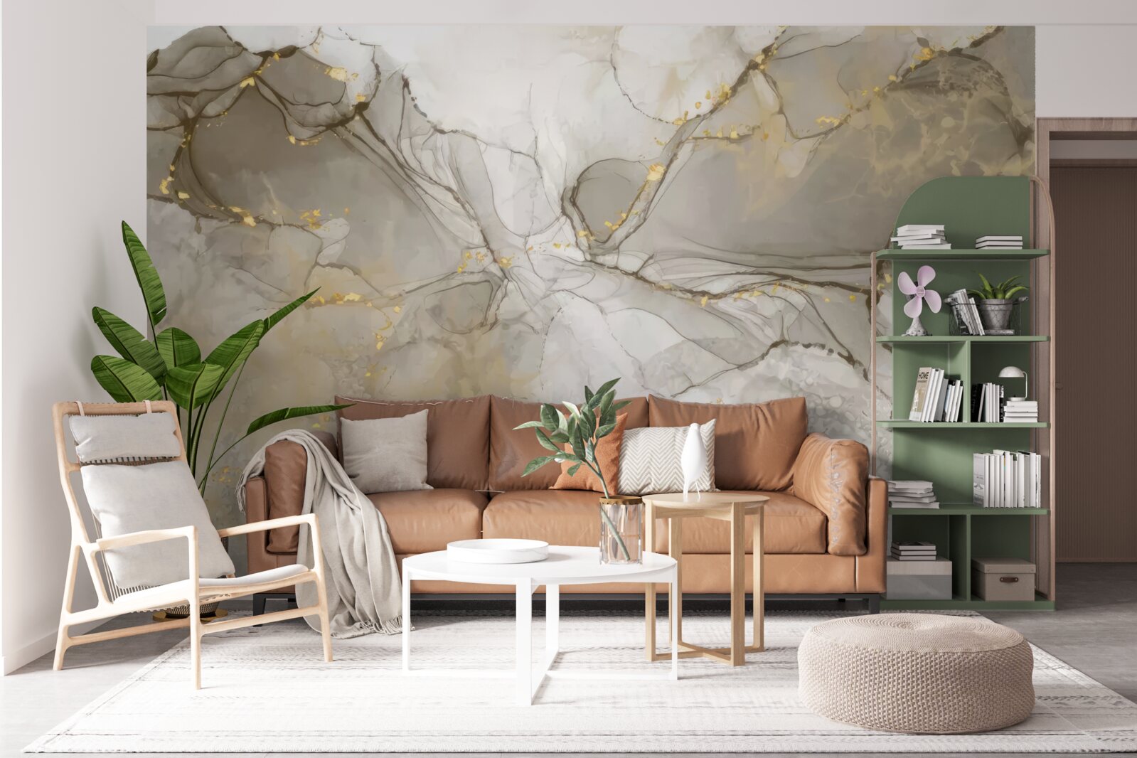 Fotobehang wit en grijs met verguld marmer