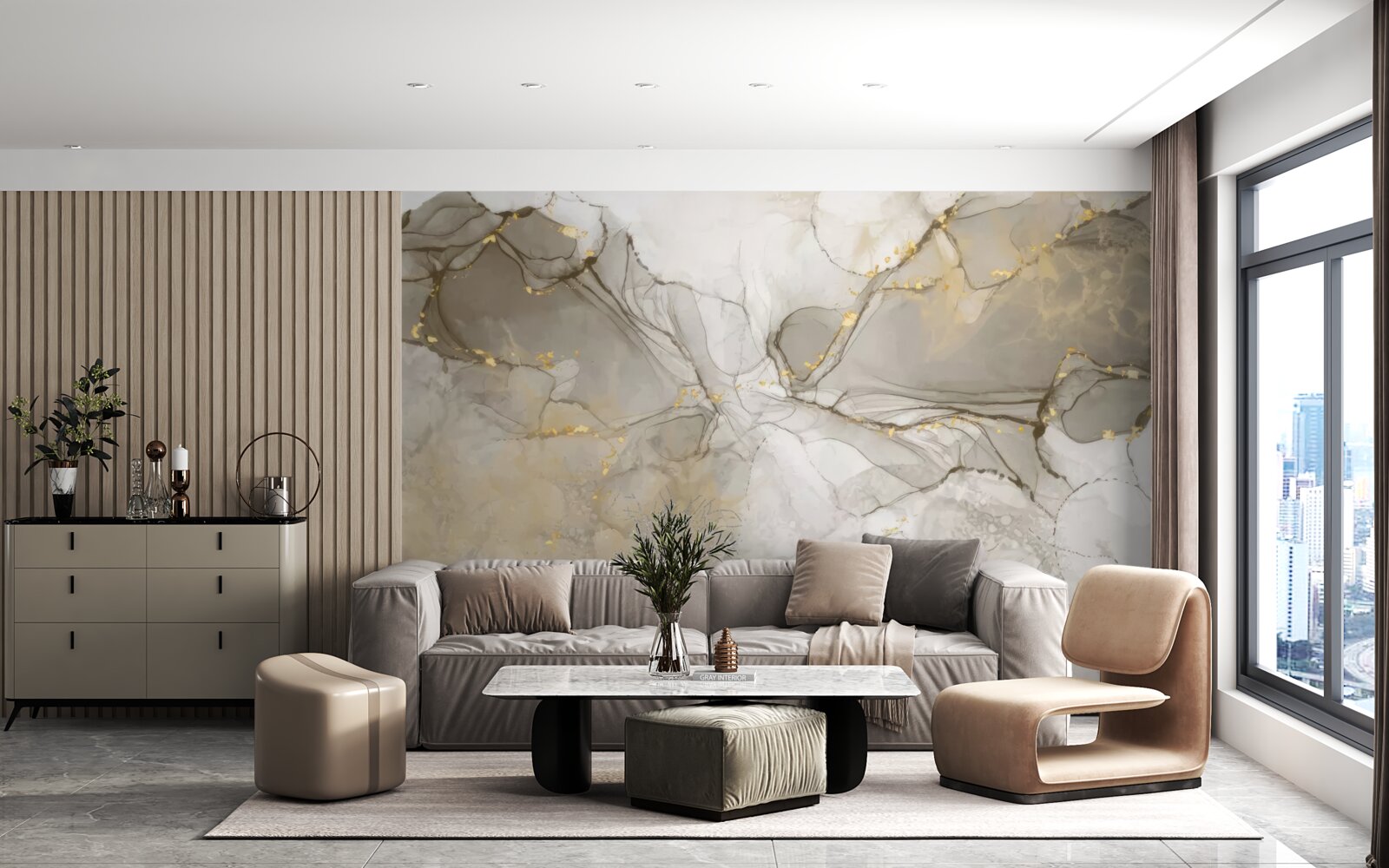 Fotobehang wit en grijs met verguld marmer