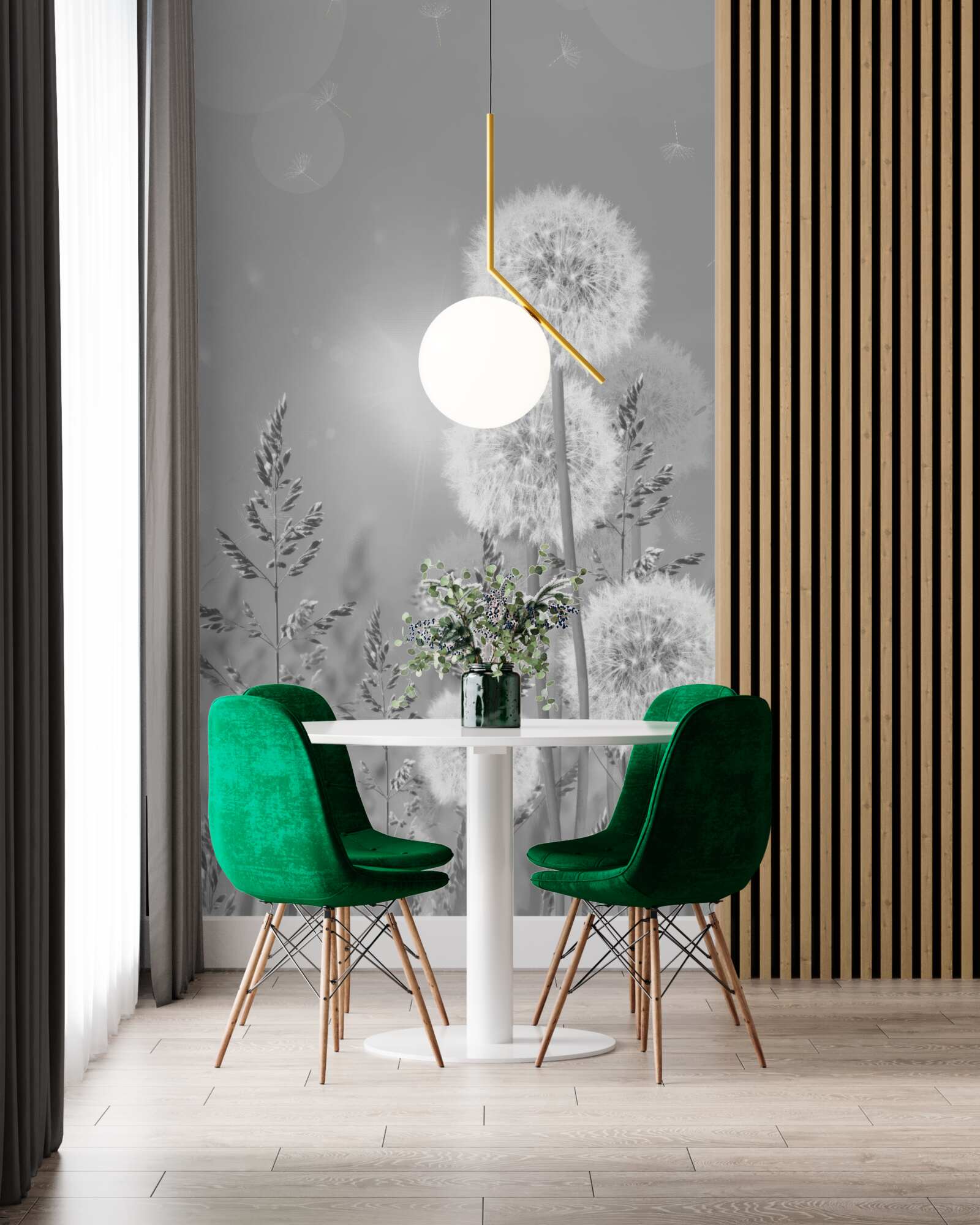 Fotobehang paardenbloemen in zwart-wit tinten