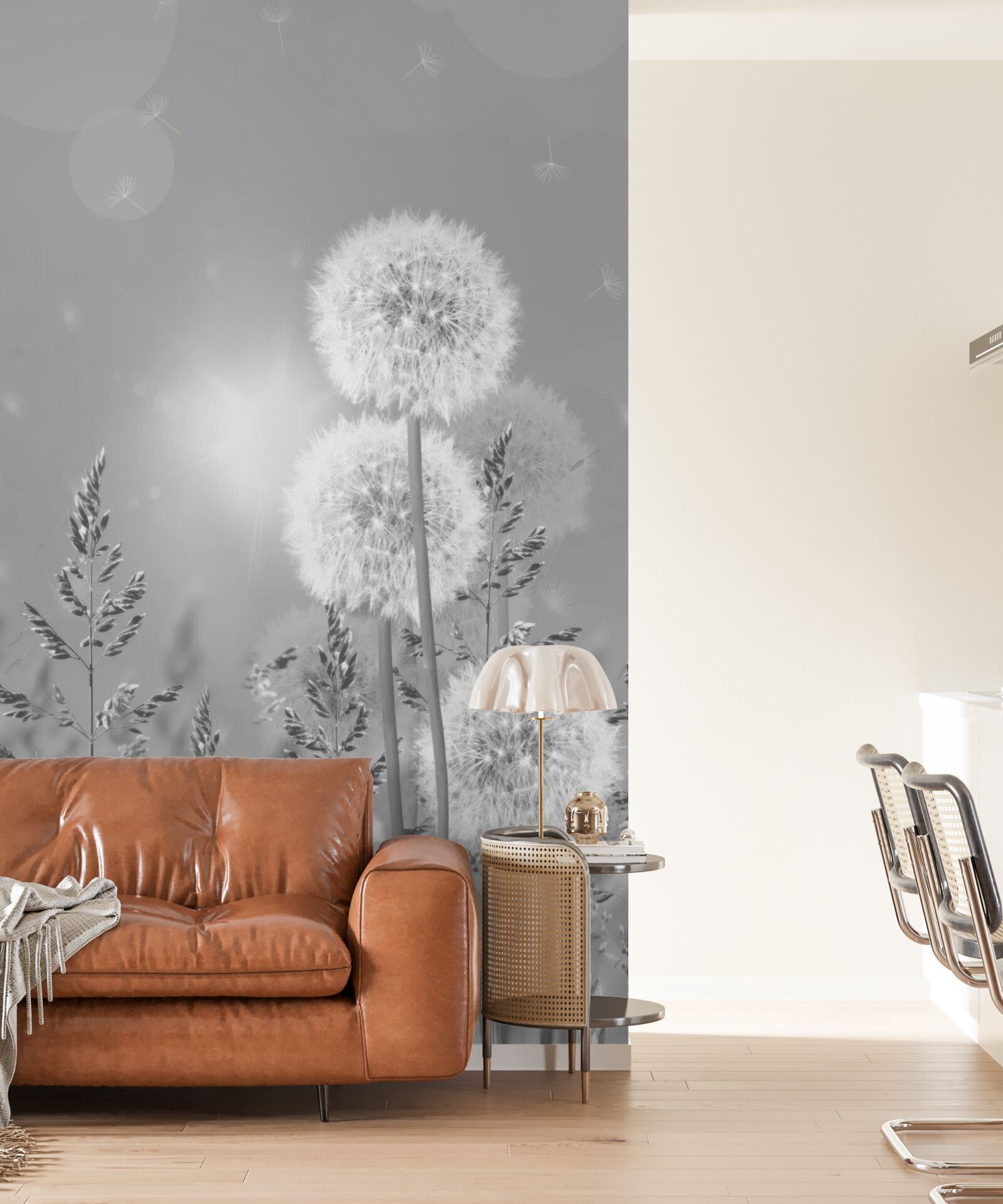 Fotobehang paardenbloemen in zwart-wit tinten