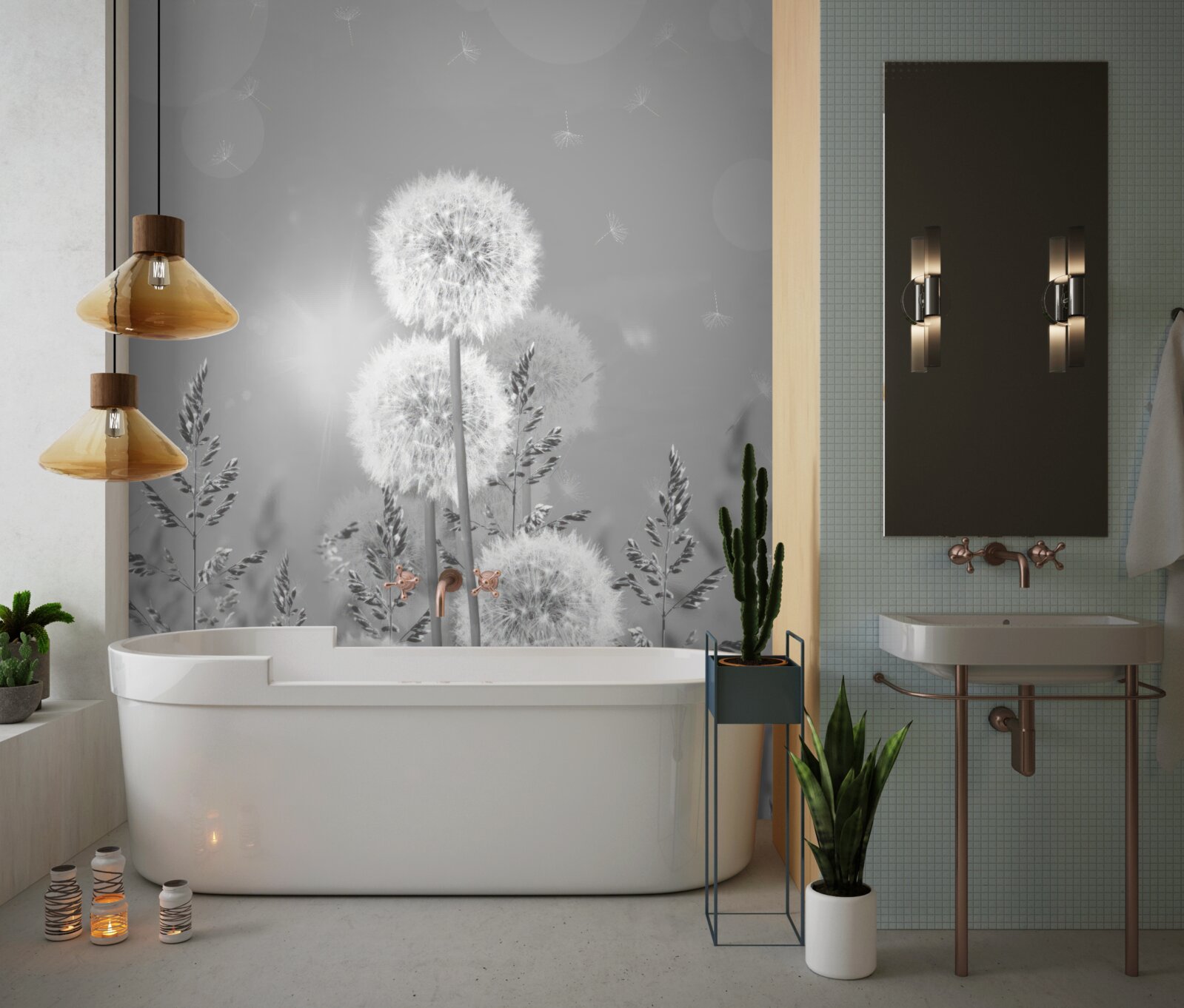 Fotobehang paardenbloemen in zwart-wit tinten