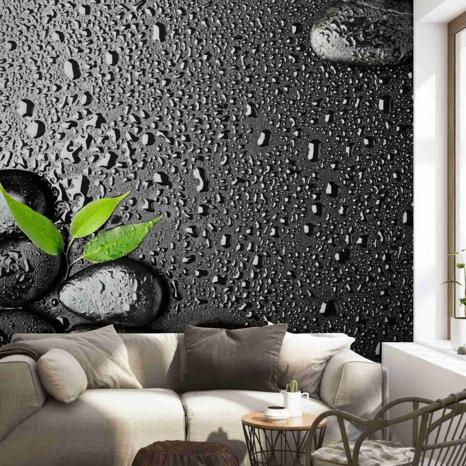 Fotobehang groene bladeren en zwarte stenen