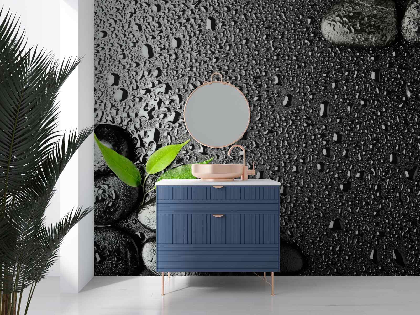 Fotobehang groene bladeren en zwarte stenen