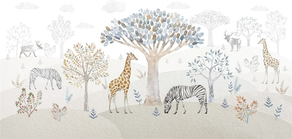 Fotobehang in het bos leven giraffen, zebra's en herten