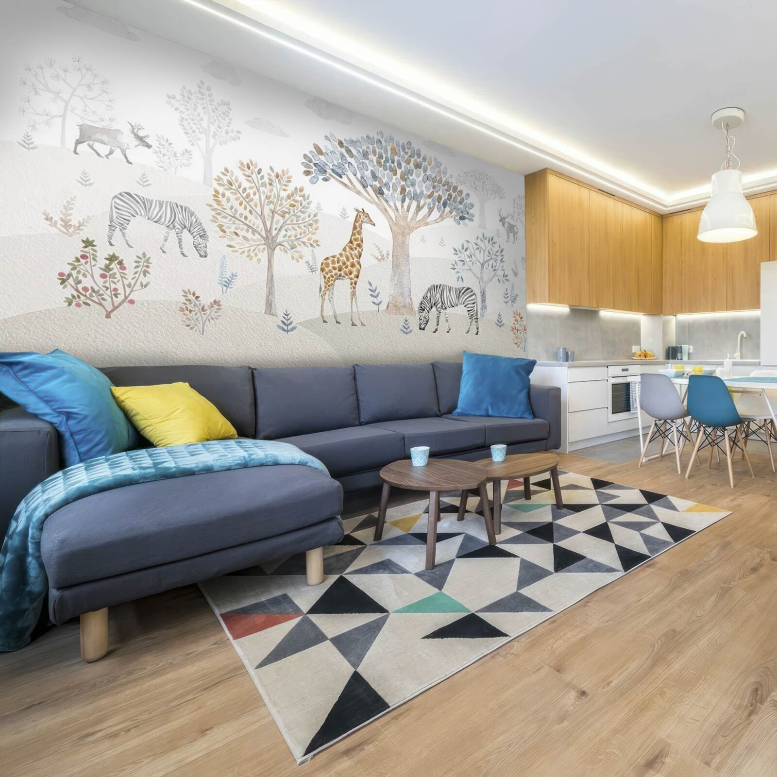 Fotobehang in het bos leven giraffen, zebra's en herten