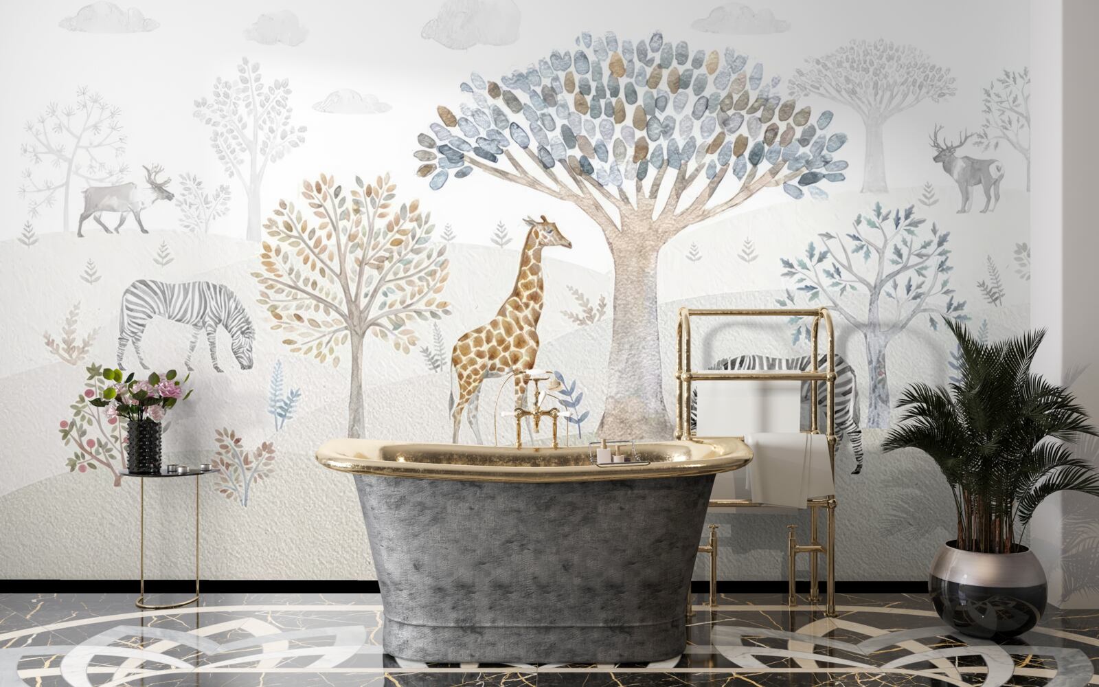 Fotobehang in het bos leven giraffen, zebra's en herten