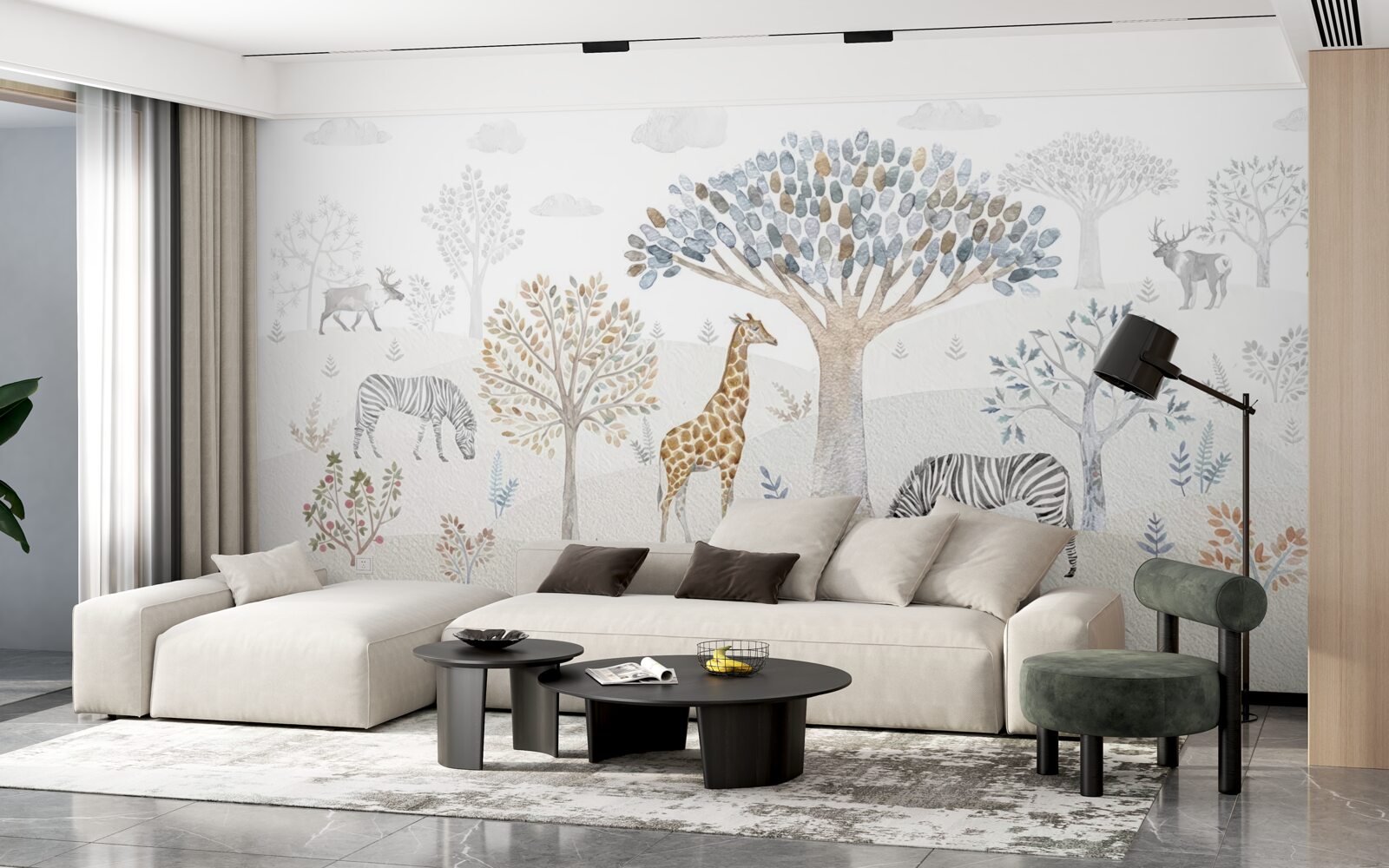 Fotobehang in het bos leven giraffen, zebra's en herten