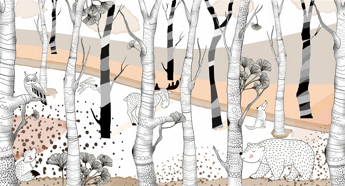 Fotobehang dieren afgebeeld tussen de bomen