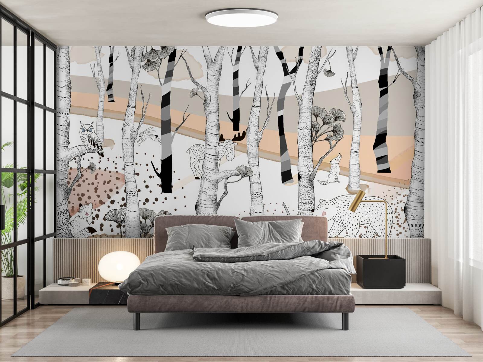 Fotobehang dieren afgebeeld tussen de bomen