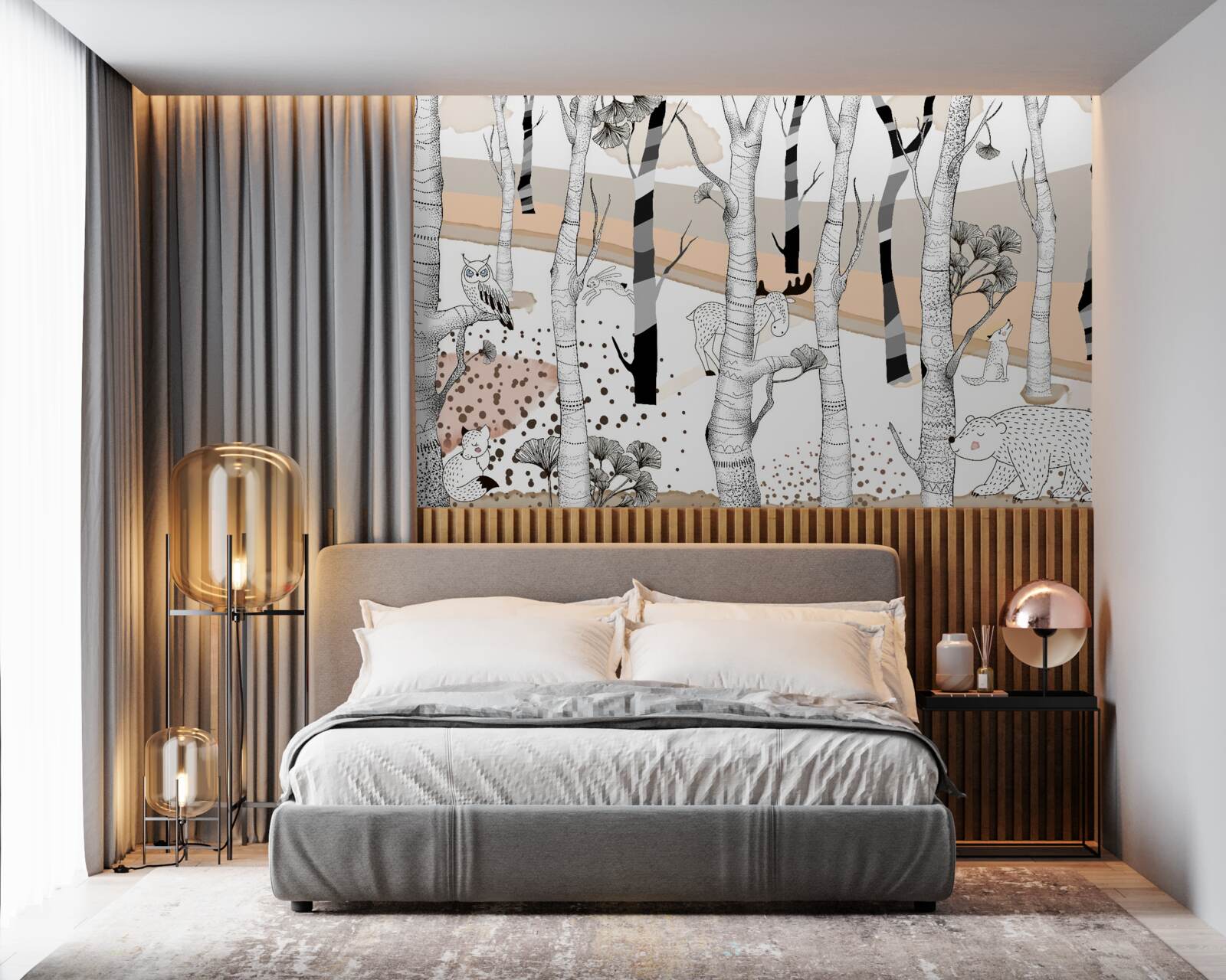 Fotobehang dieren afgebeeld tussen de bomen