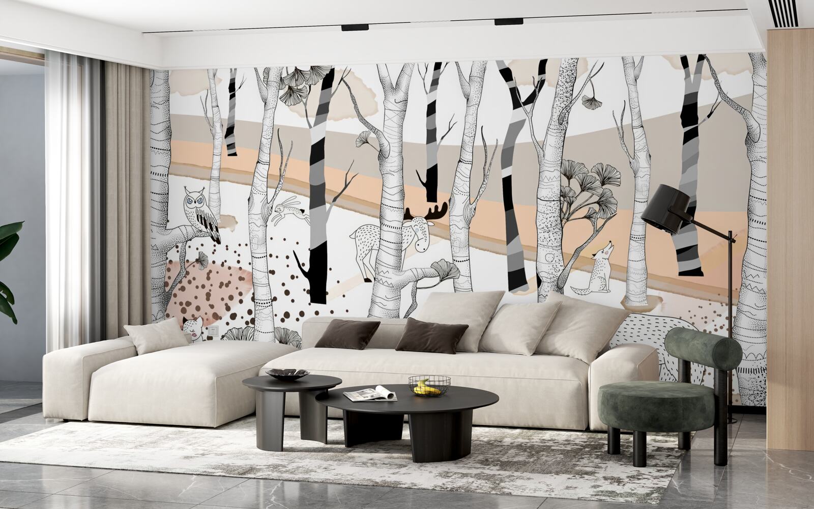 Fotobehang dieren afgebeeld tussen de bomen