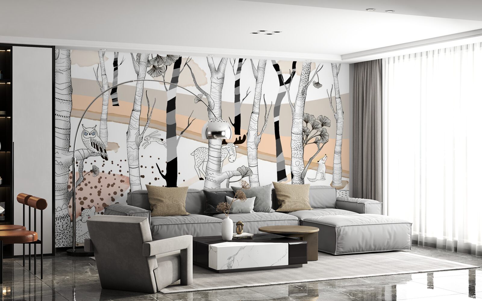 Fotobehang dieren afgebeeld tussen de bomen