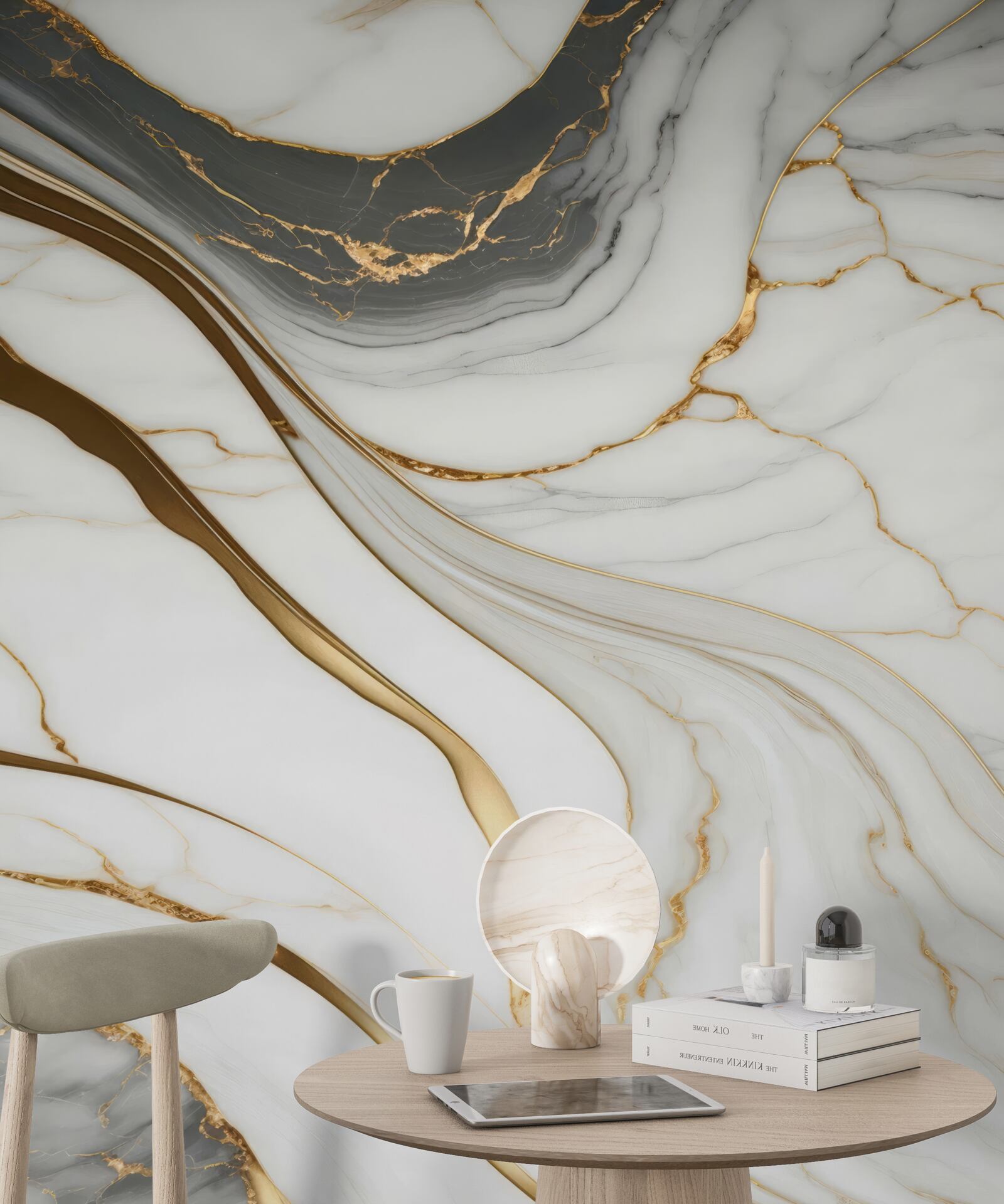 Fotobehang grijs marmer met goudtinten
