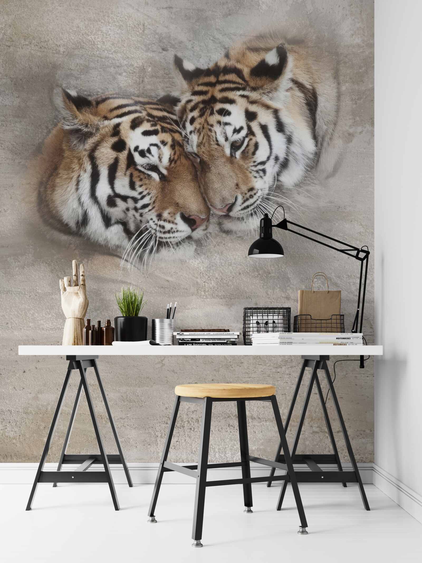 Fotobehang twee tijgers die zich aan elkaar vastklampen