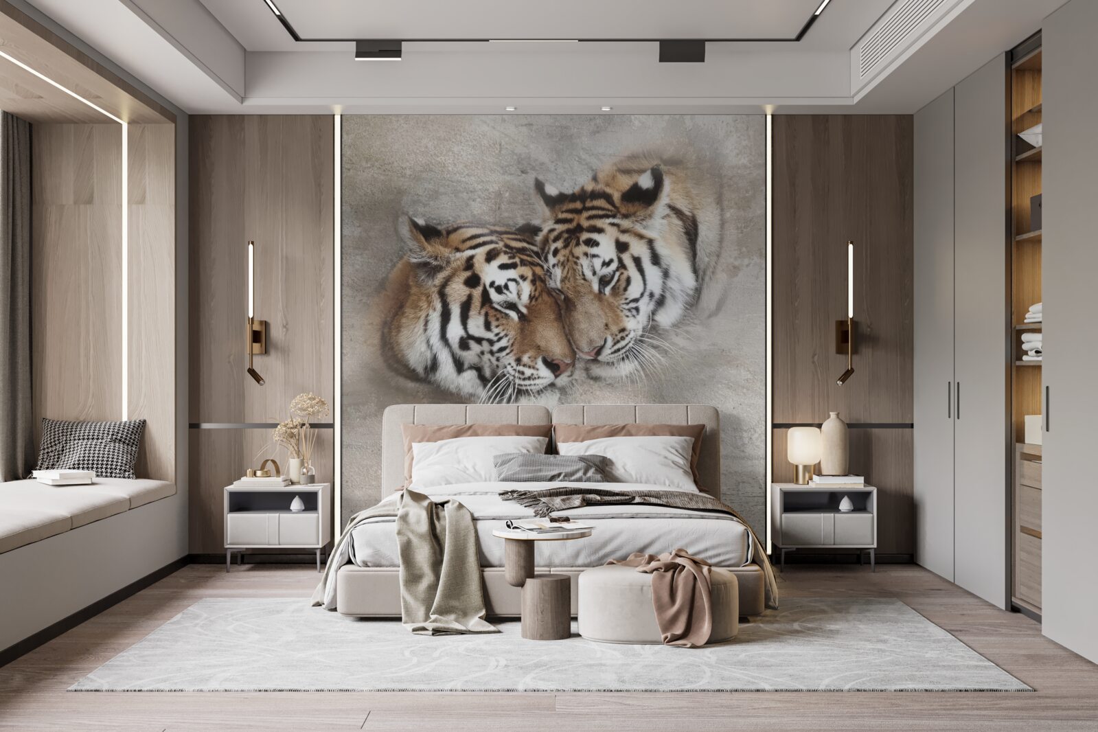 Fotobehang twee tijgers die zich aan elkaar vastklampen