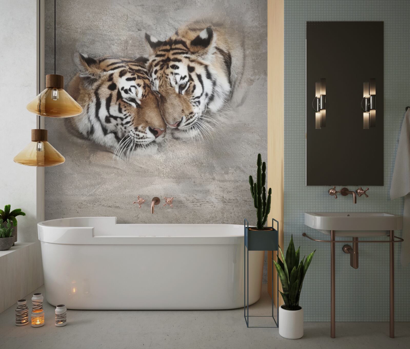 Fotobehang twee tijgers die zich aan elkaar vastklampen