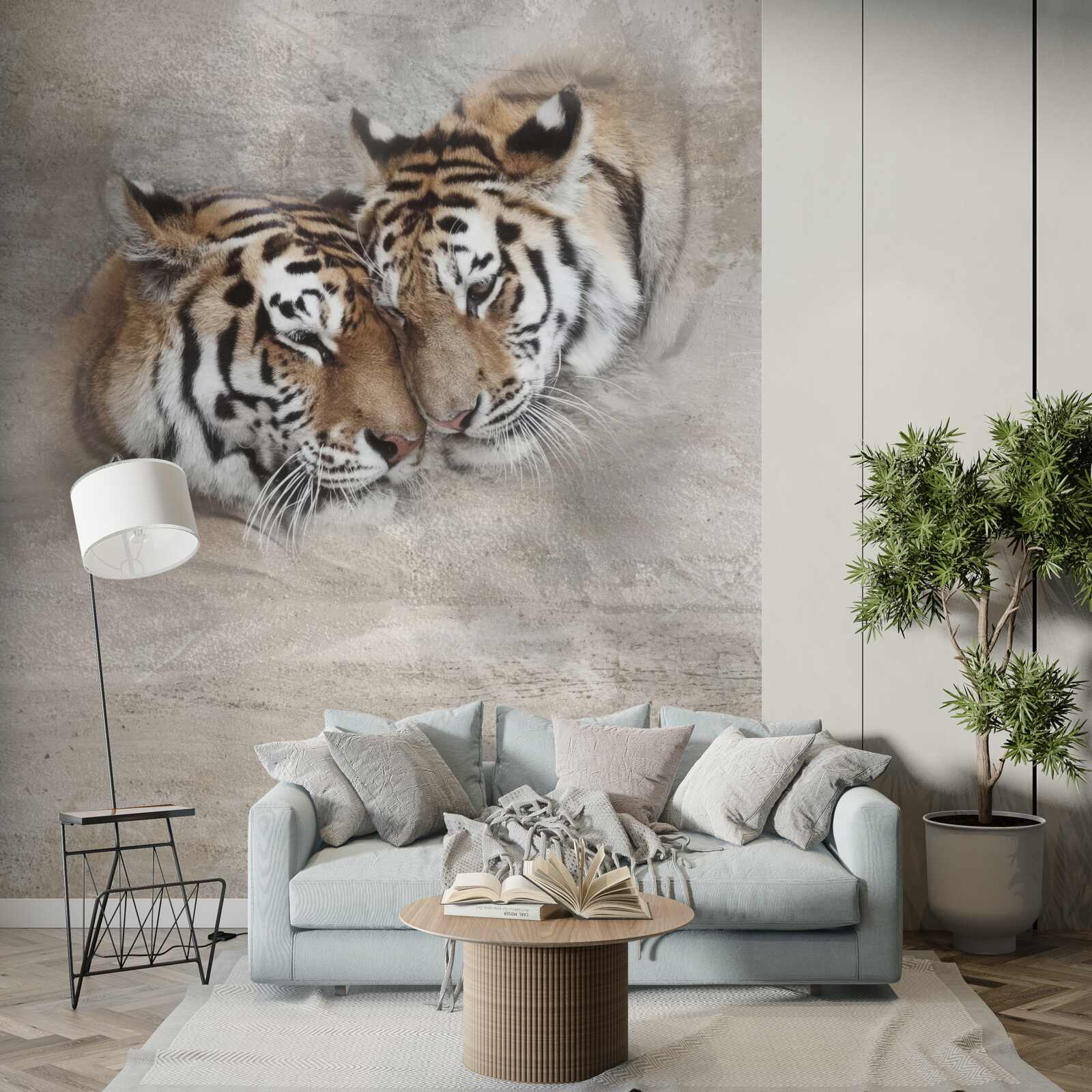 Fotobehang twee tijgers die zich aan elkaar vastklampen