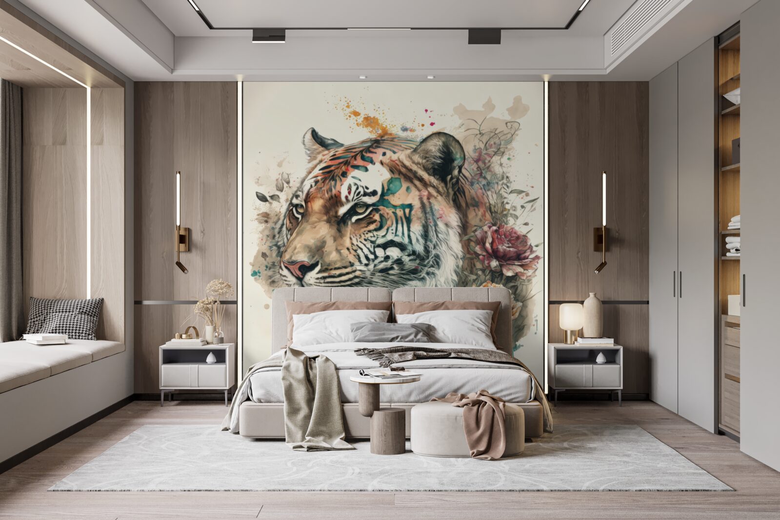 Fotobehang tijger tussen bloemen