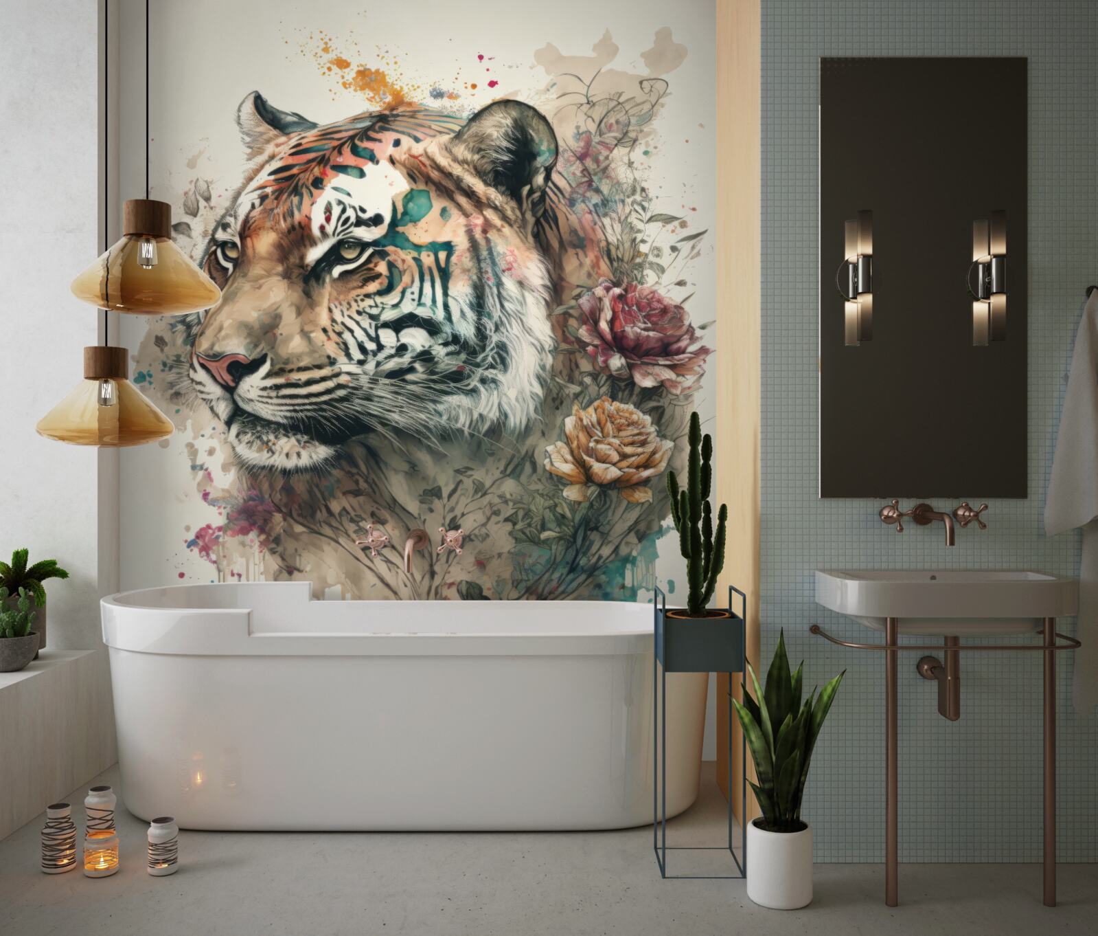 Fotobehang tijger tussen bloemen