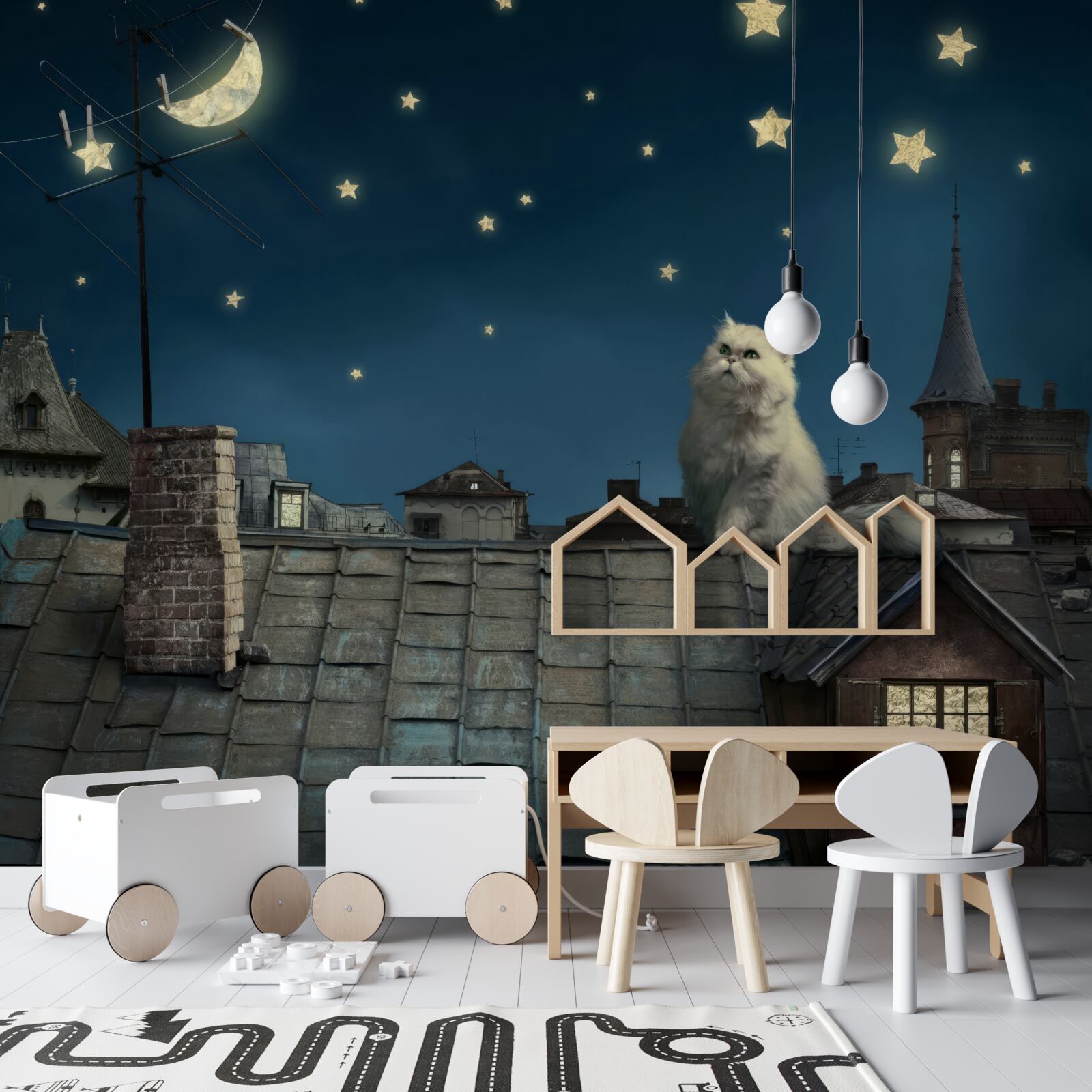 Fotobehang op het dak bewondert een witte kat de sterren