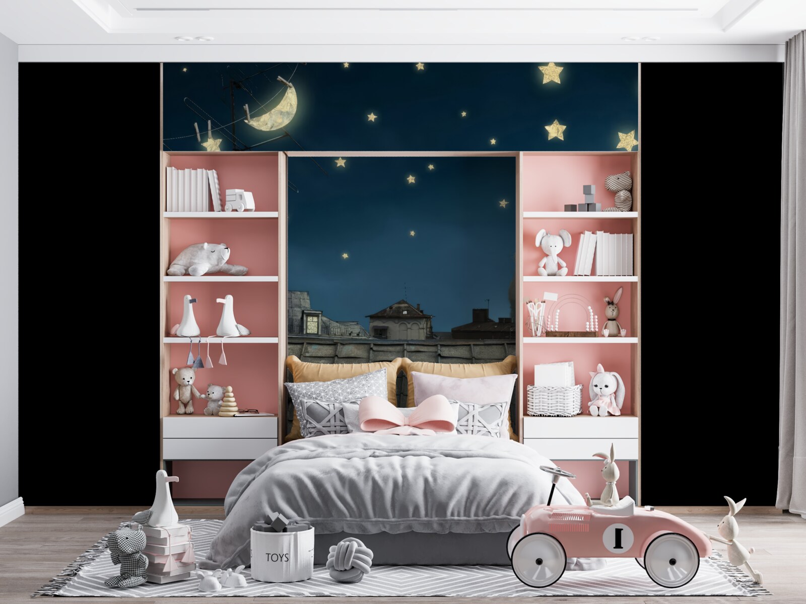 Fotobehang op het dak bewondert een witte kat de sterren