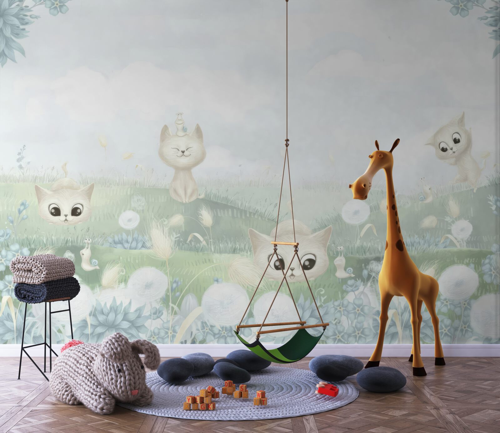 Fotobehang kleine katten op een grasveld