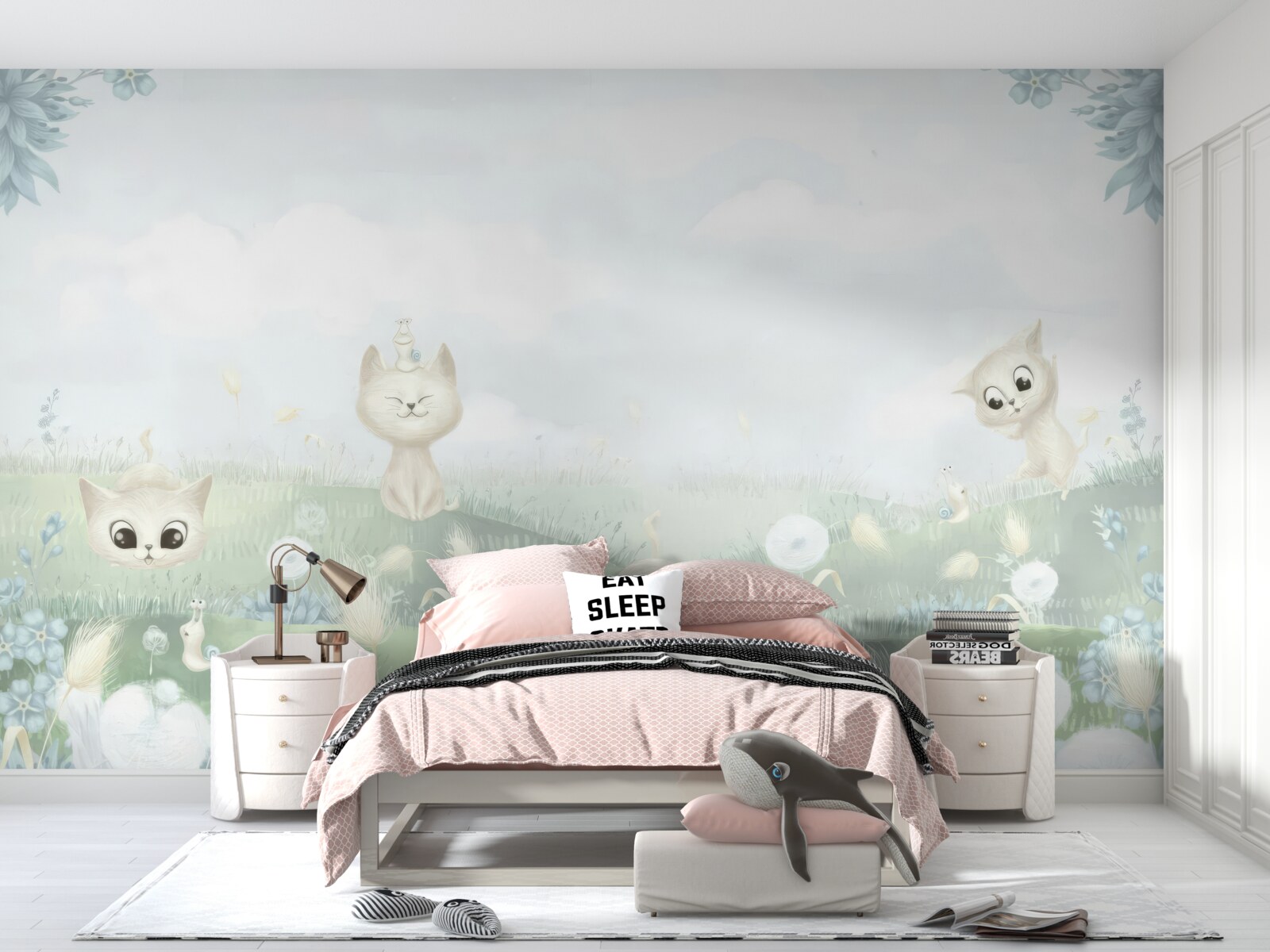 Fotobehang kleine katten op een grasveld