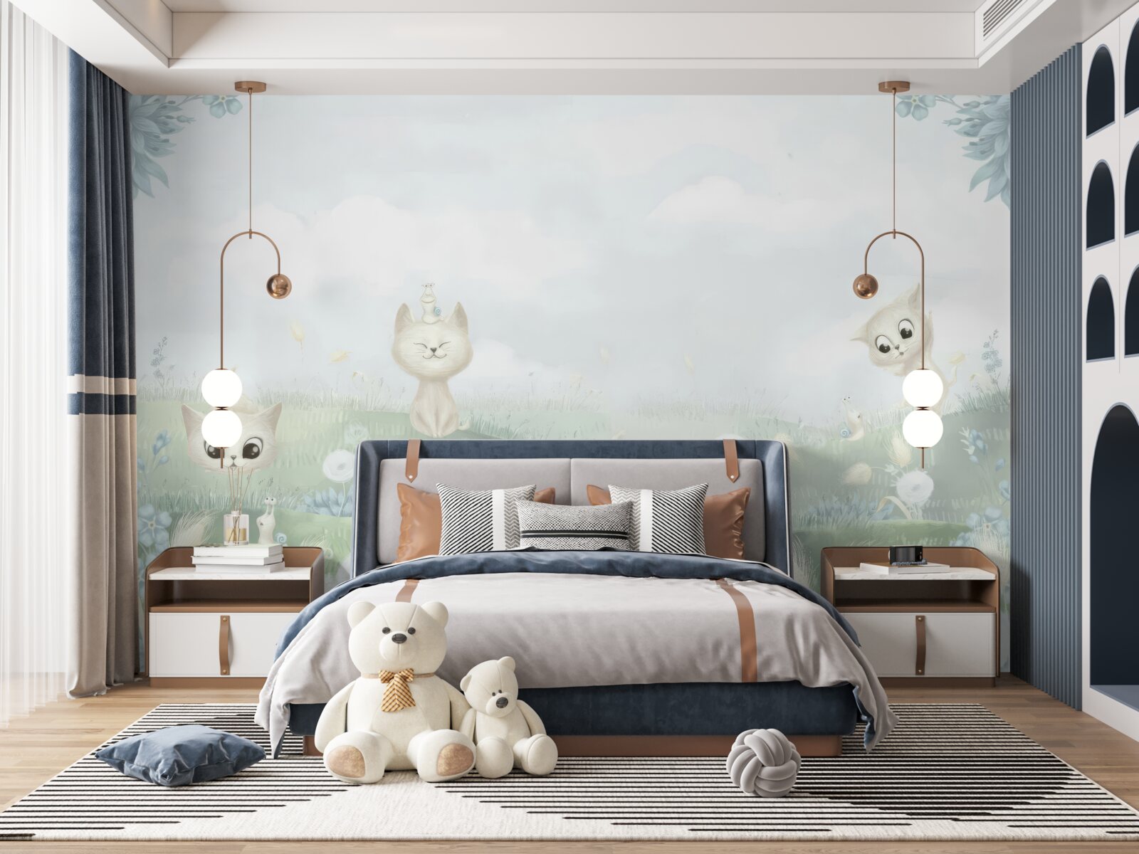 Fotobehang kleine katten op een grasveld