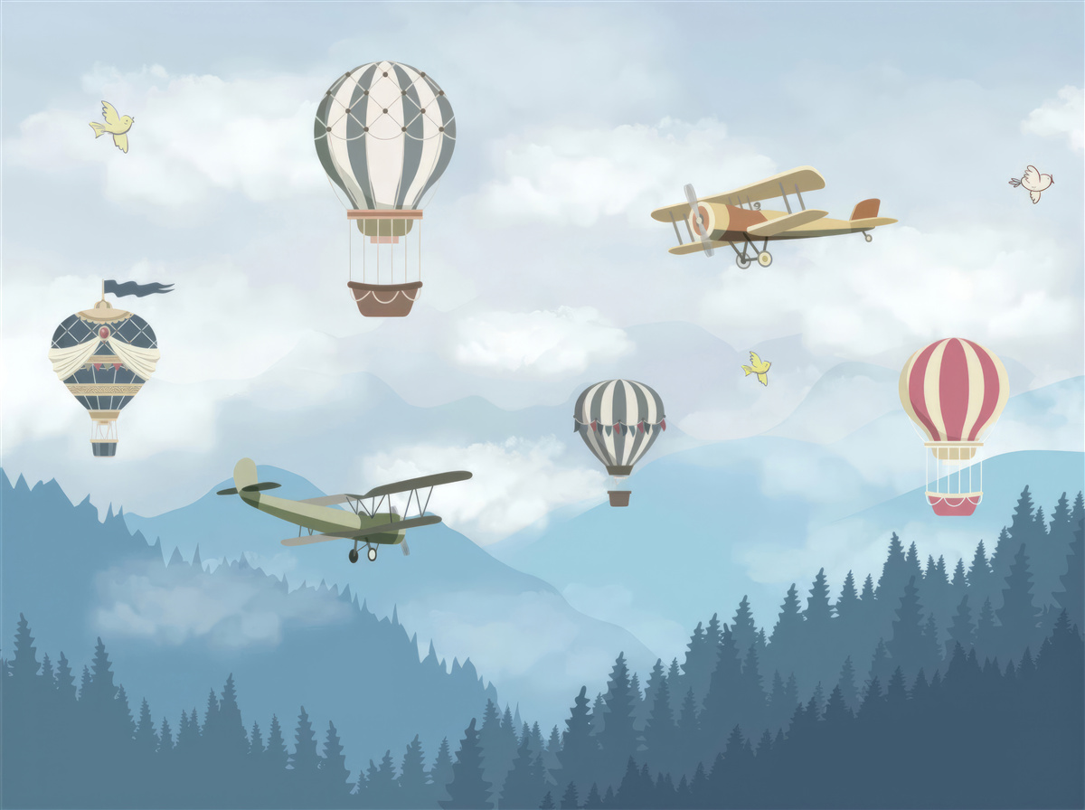 Fotobehang ballonnen en vliegtuigen vliegen over bergtoppen