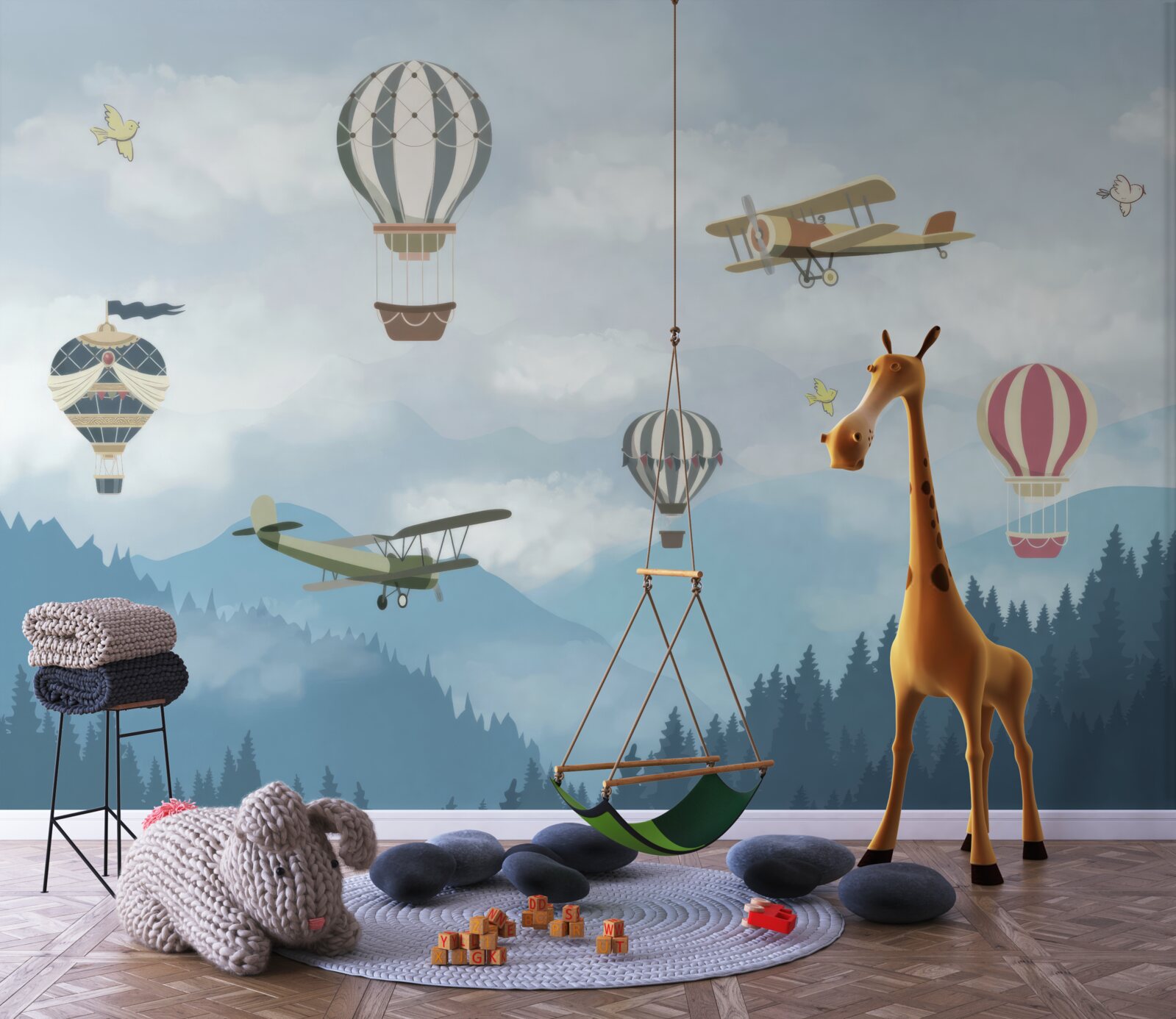 Fotobehang ballonnen en vliegtuigen vliegen over bergtoppen