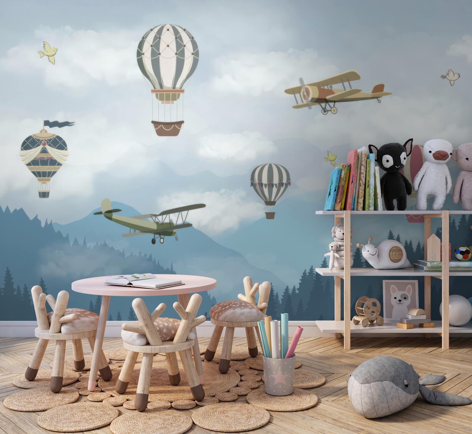 Fotobehang ballonnen en vliegtuigen vliegen over bergtoppen