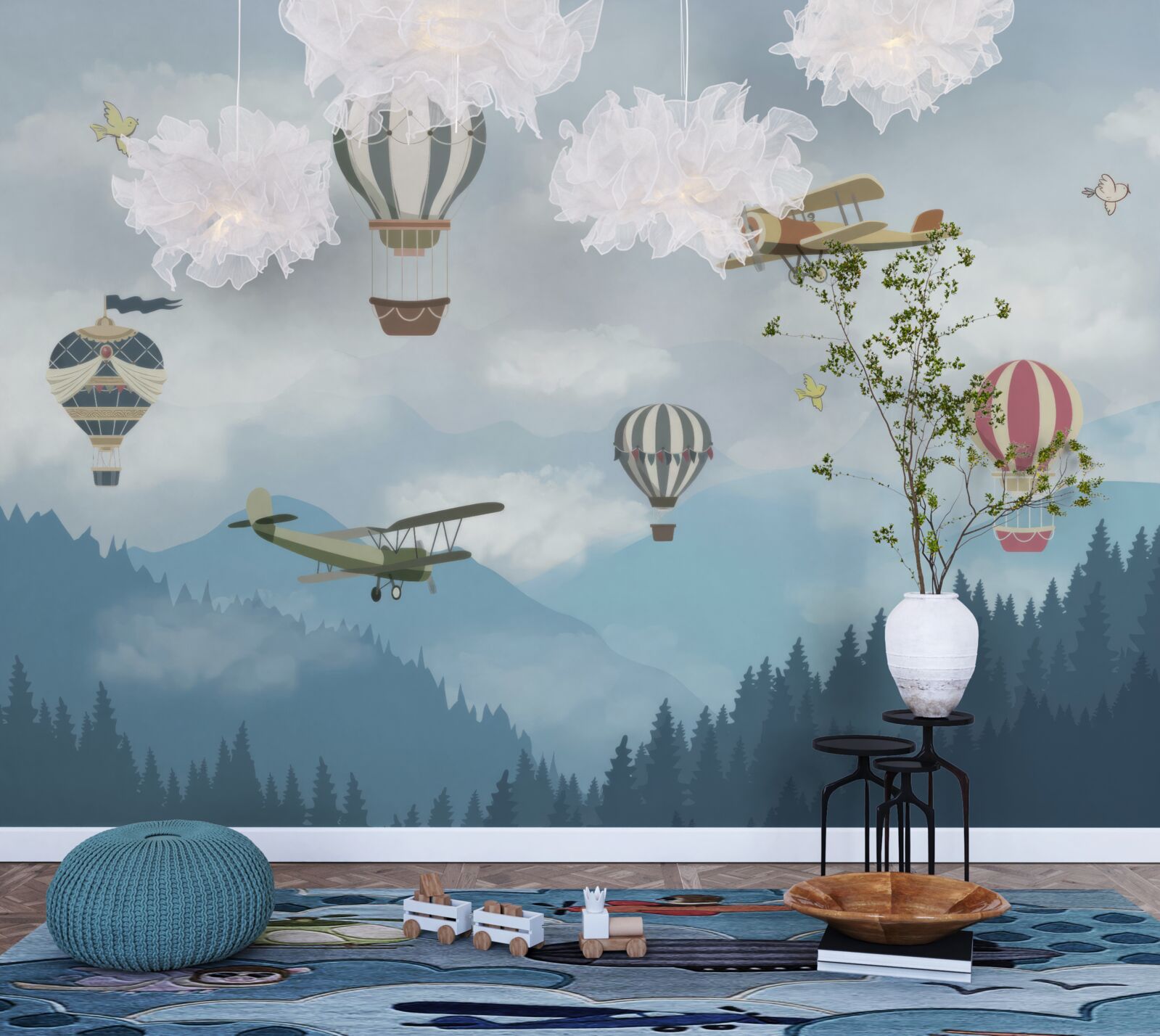 Fotobehang ballonnen en vliegtuigen vliegen over bergtoppen